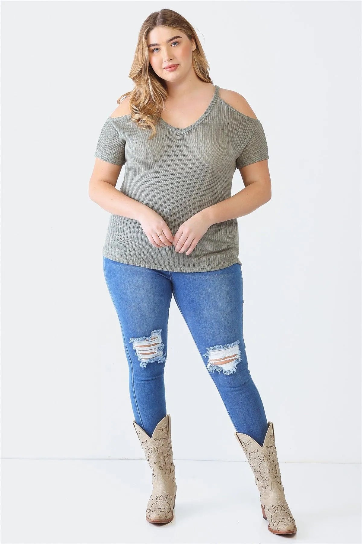 Junior Plus Sage Knit Off-The-Shoulder Short Sleeve Top /1-1-1 - Tasha Apparel Wholesale