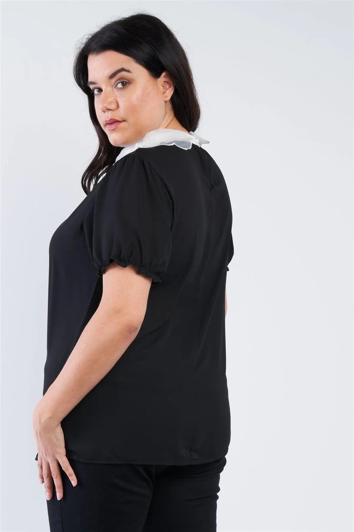 Junior Plus Size Black Chiffon Embellished Peter Pan Collar Top /4-2 - Tasha Apparel Wholesale