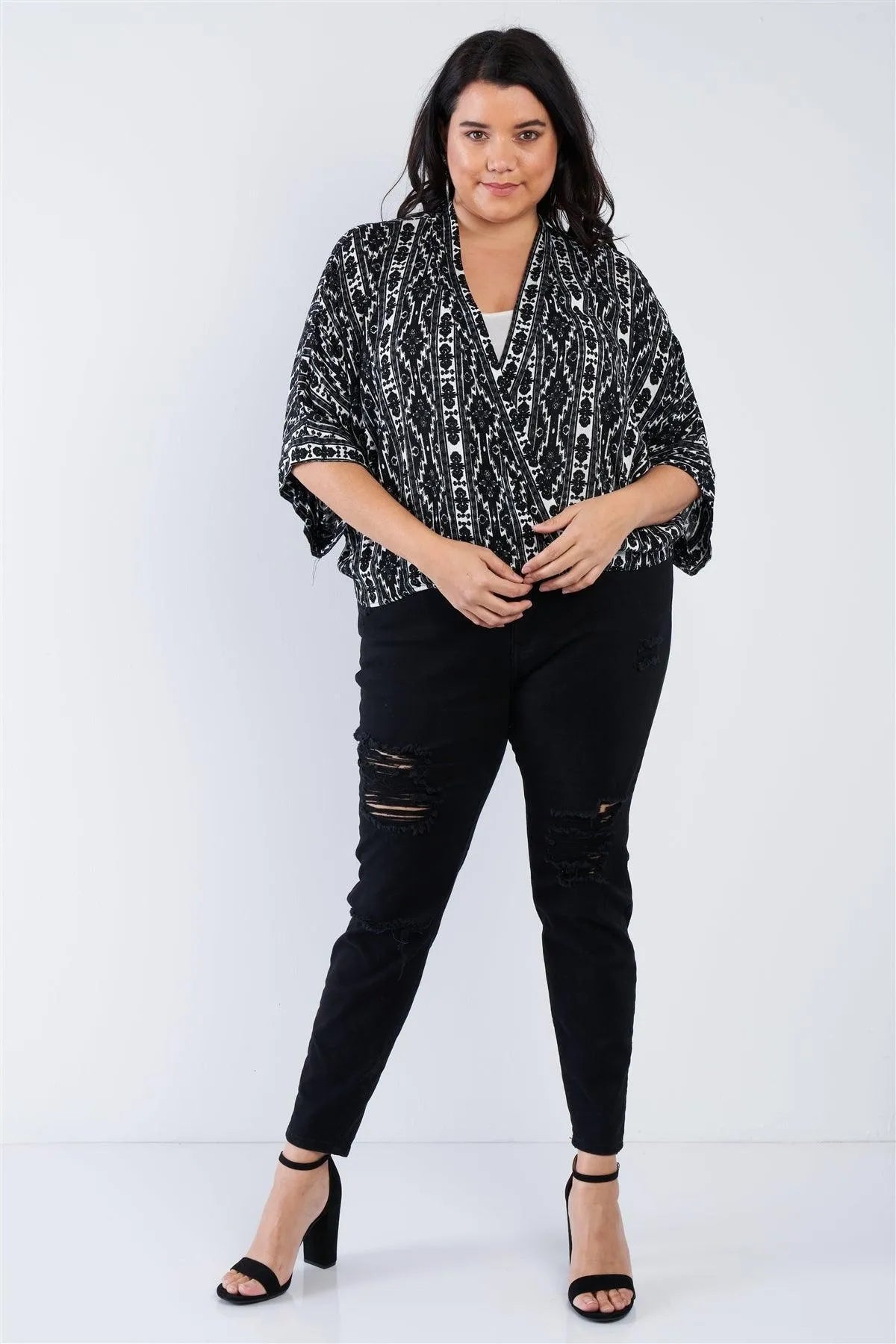 Junior Plus Size Black Boho Print Wrap Top /2-3-3 - Tasha Apparel Wholesale