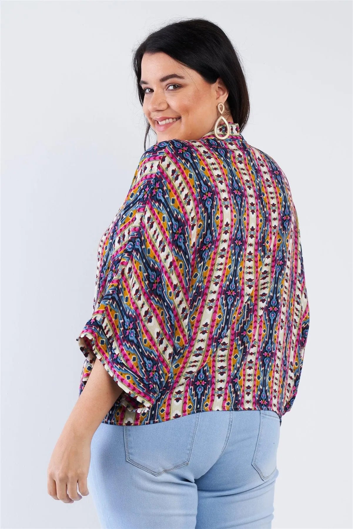Junior Plus Size Fuchsia Boho Print Wrap Top /2-2-2 - Tasha Apparel Wholesale