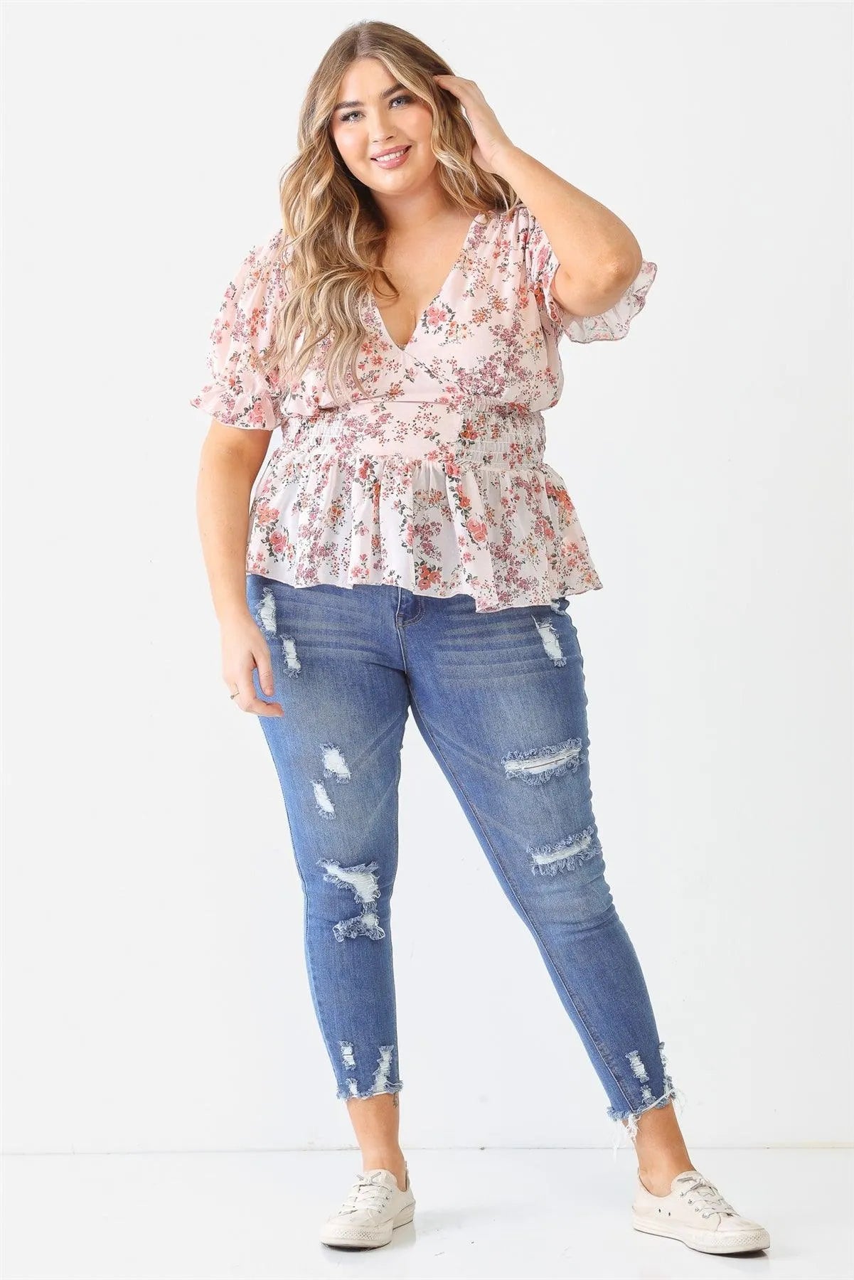 Junior Plus Peach Floral Chiffon Puff Short Sleeve Flare Hem Top /1-1-1 - Tasha Apparel Wholesale