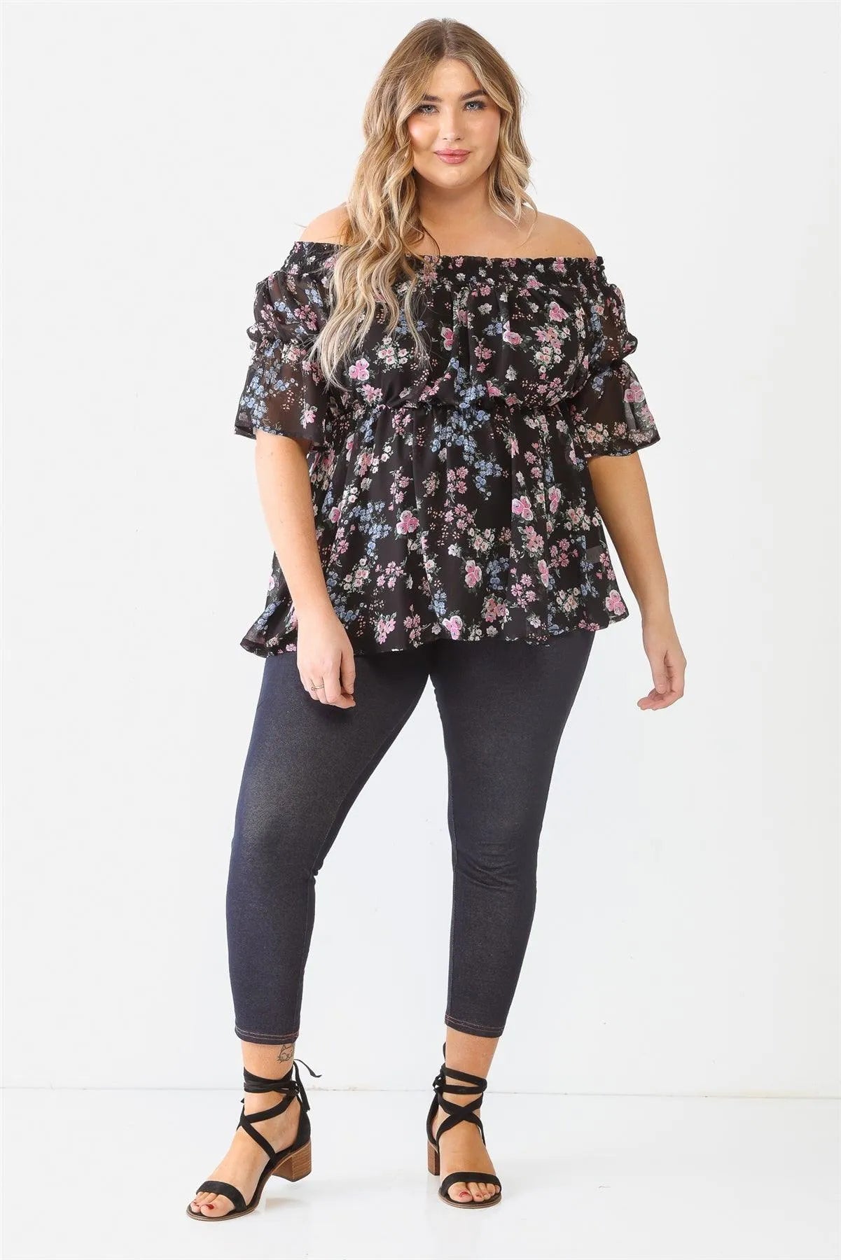 Junior Plus Black Floral Chiffon Off-The-Shoulder Short Sleeve Flare Hem Top /1-1-1 - Tasha Apparel Wholesale