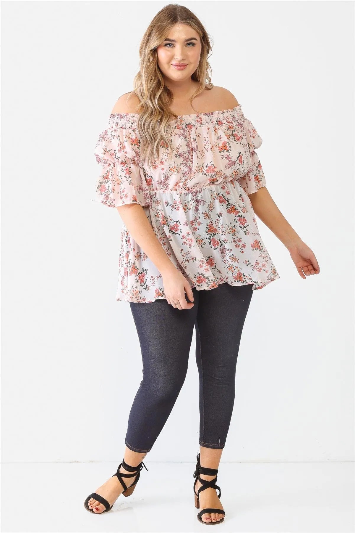 Junior Plus Peach Floral Chiffon Off-The-Shoulder Midi Sleeve Flare Hem Top /1-1-1 - Tasha Apparel Wholesale