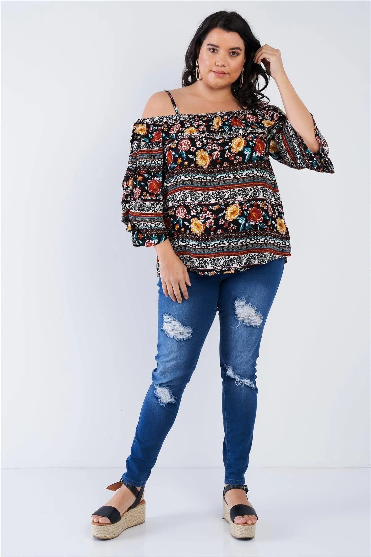 Junior Plus Size Black Off The Shoulder Boho Chic Top /2-2-2 - Tasha Apparel Wholesale