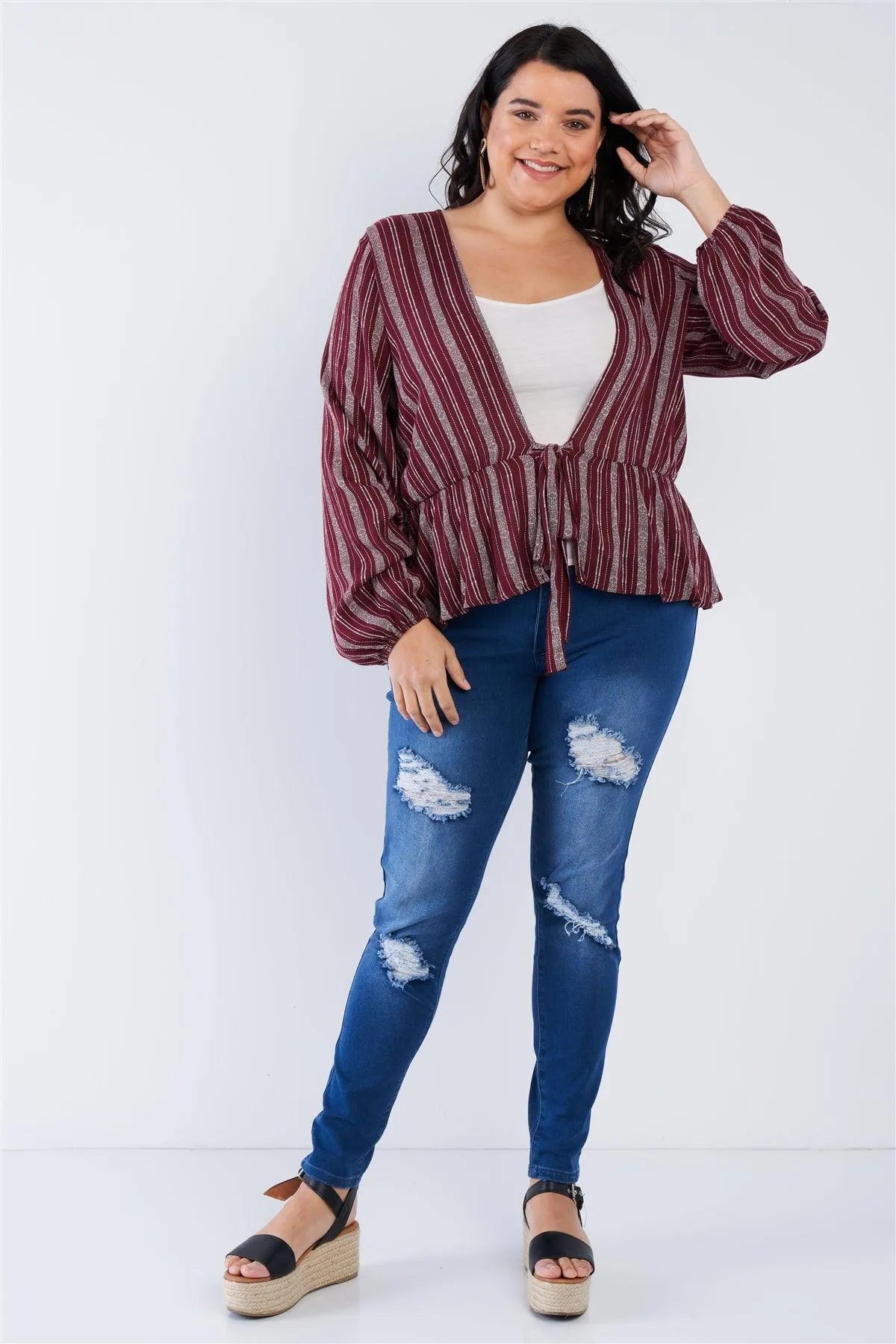 Junior Plus Size Deep Open V-neck Burgundy Boho Top /2-1-1 - Tasha Apparel Wholesale