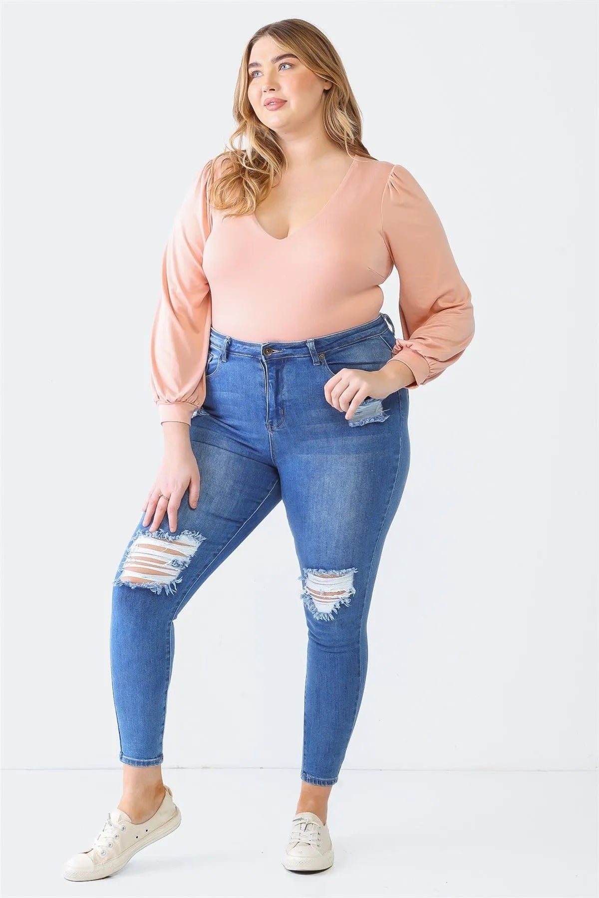 Junior Plus Rose V-Neck Long Sleeve Soft-To-Touch Bodysuit /1-1-1 - Tasha Apparel Wholesale