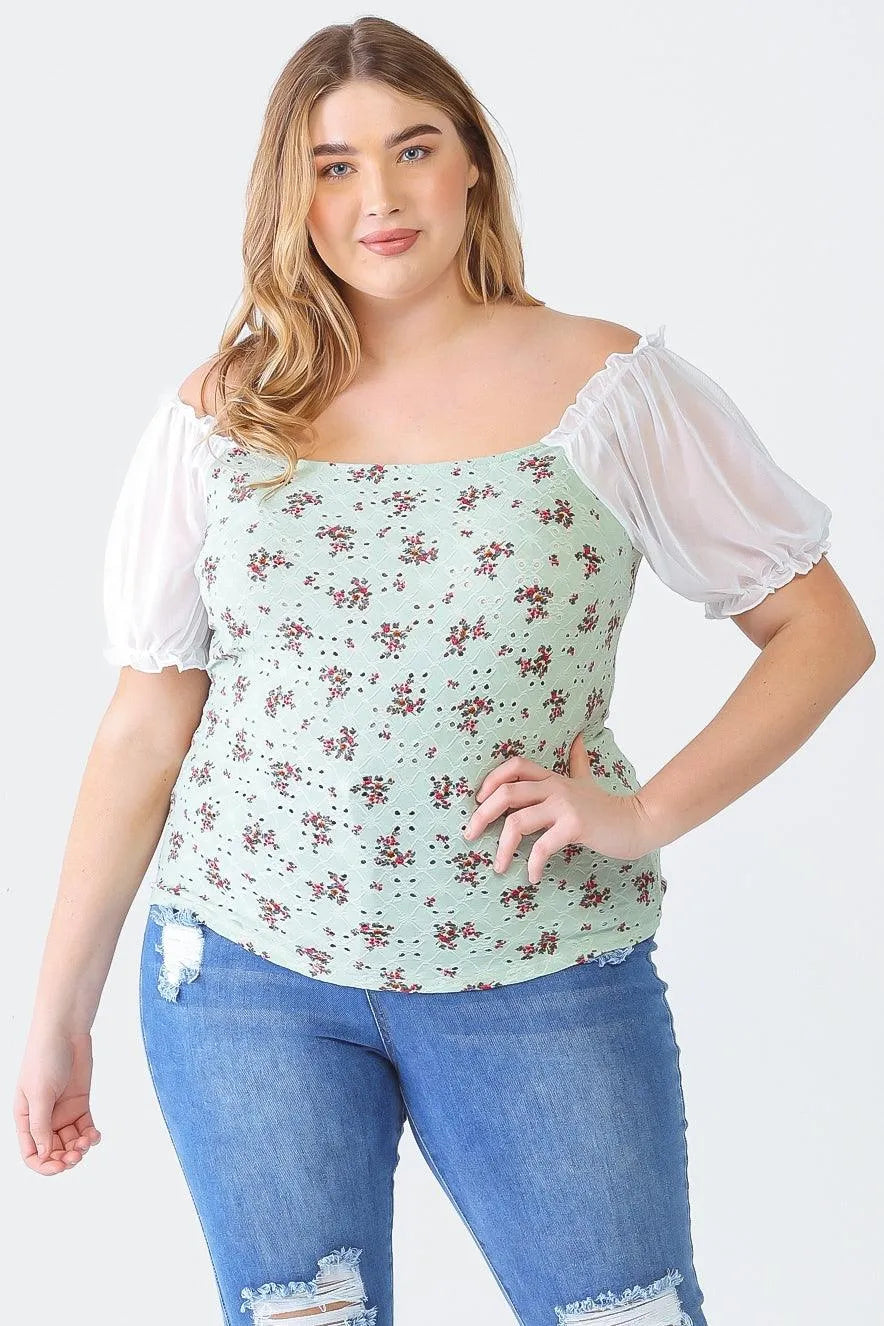 Plus Size Mint Flower Print Mesh Short Sleeve Top - Tasha Apparel Wholesale