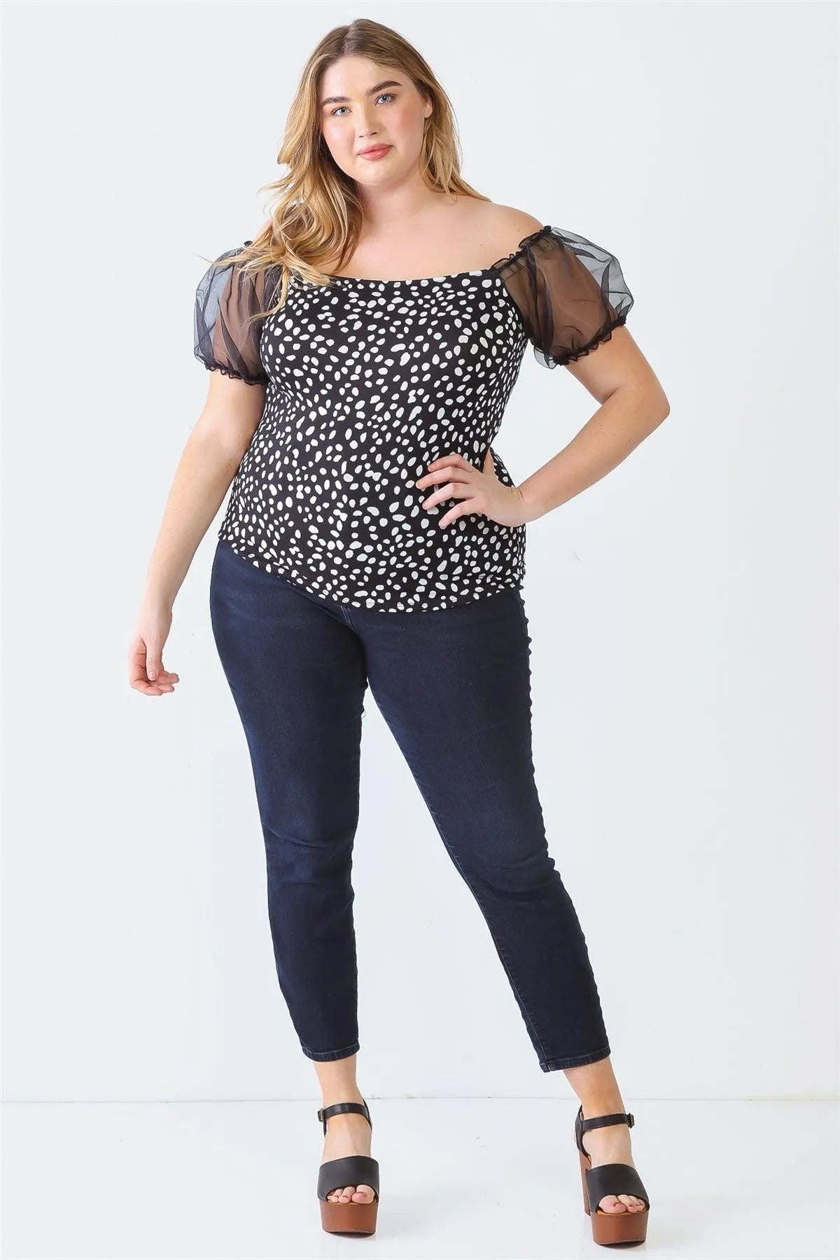 Plus Size Black Dot Print Organza Puff Short Sleeve Top - Tasha Apparel Wholesale