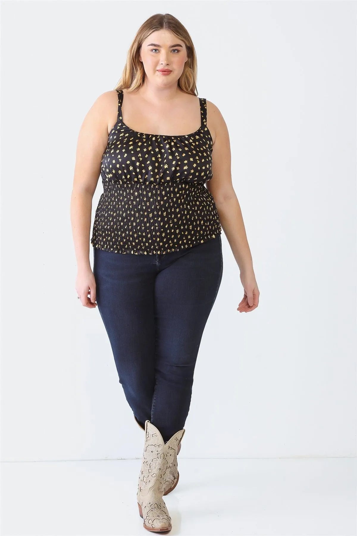 Plus Size Black Flower Satin Strappy Smocked Top - Tasha Apparel Wholesale