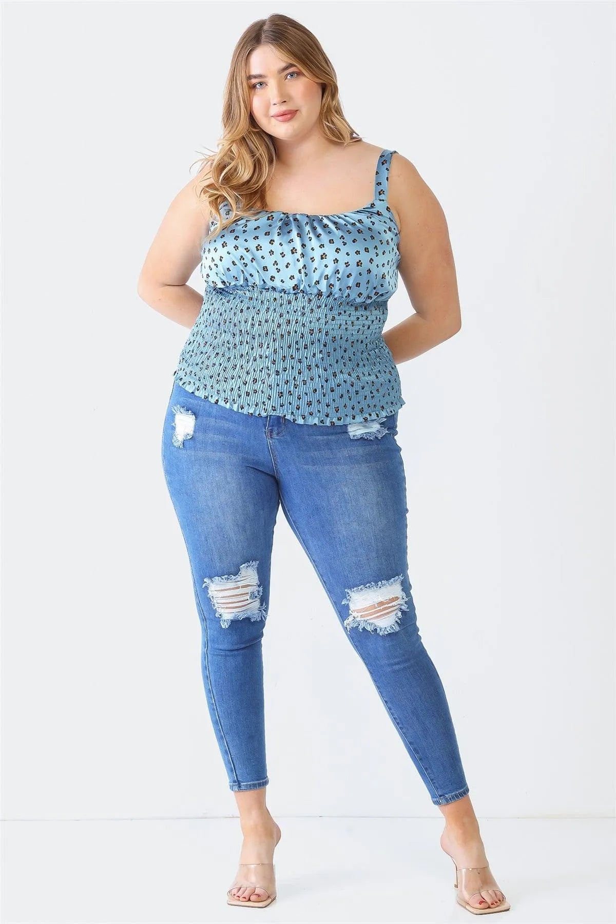 Plus Size Blue Flower Satin Strappy Smocked Top - Tasha Apparel Wholesale