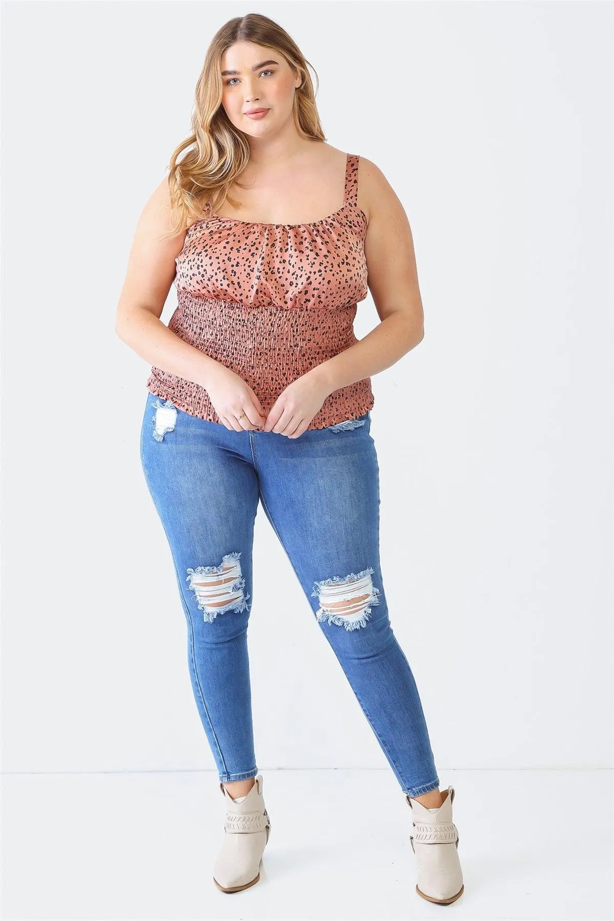 Plus Size Mauve Flower Satin Strappy Smocked Top - Tasha Apparel Wholesale