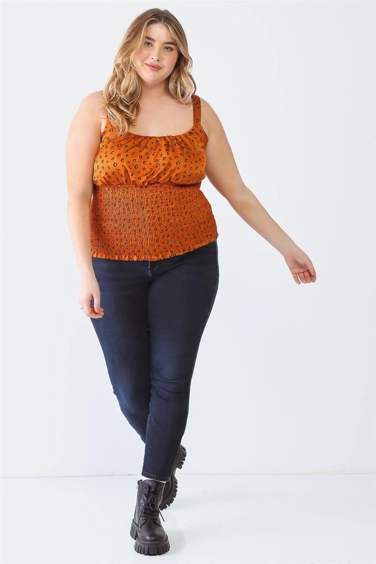 Plus Size Rust Flower Print Satin Smocked Top - Tasha Apparel Wholesale