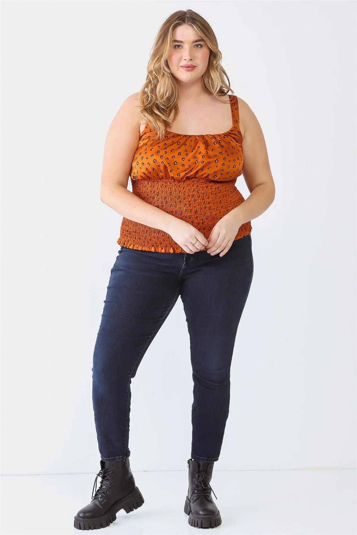 Plus Size Rust Flower Satin Strappy Smocked Top - Tasha Apparel Wholesale