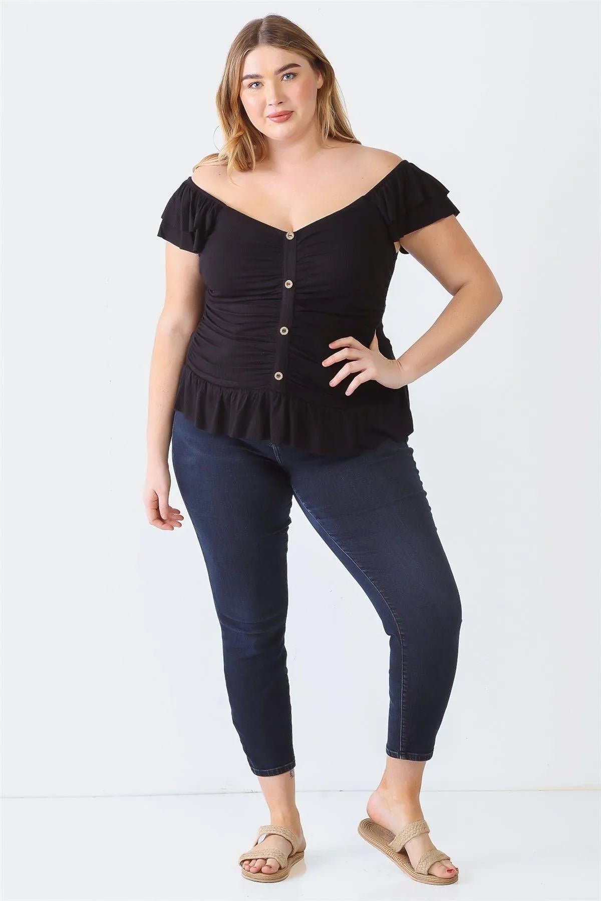 Junior Plus Black Ribbed Button-Up Ruffle Short Sleeve Top /1-1-1 - Tasha Apparel Wholesale