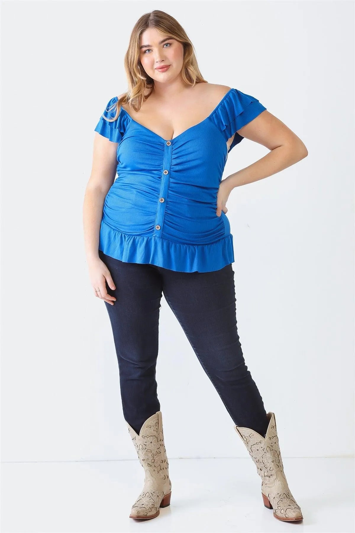 Junior Plus Blue Ribbed Button-Up Ruffle Short Sleeve Top /1-1-1 - Tasha Apparel Wholesale