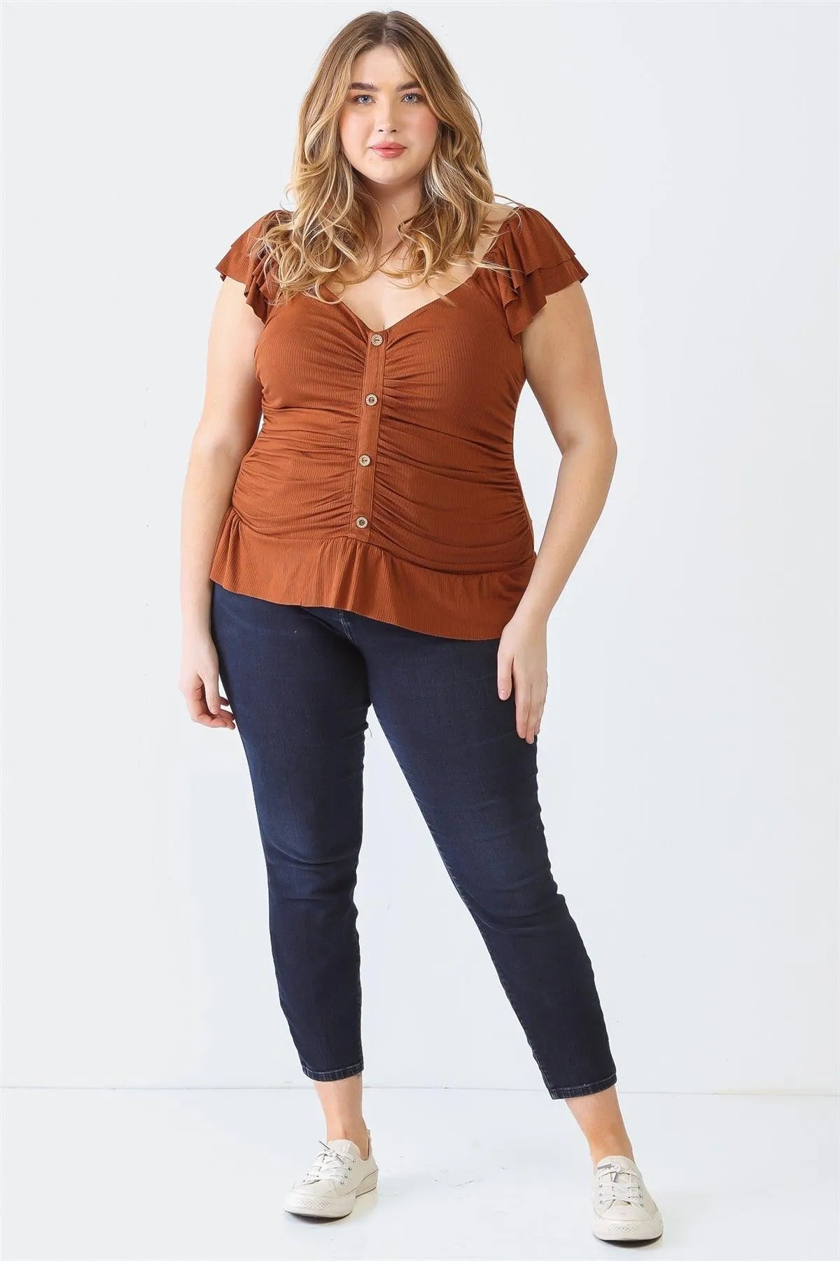 Junior Plus Brown Ribbed Button-Up Ruffle Short Sleeve Top /1-1-1 - Tasha Apparel Wholesale