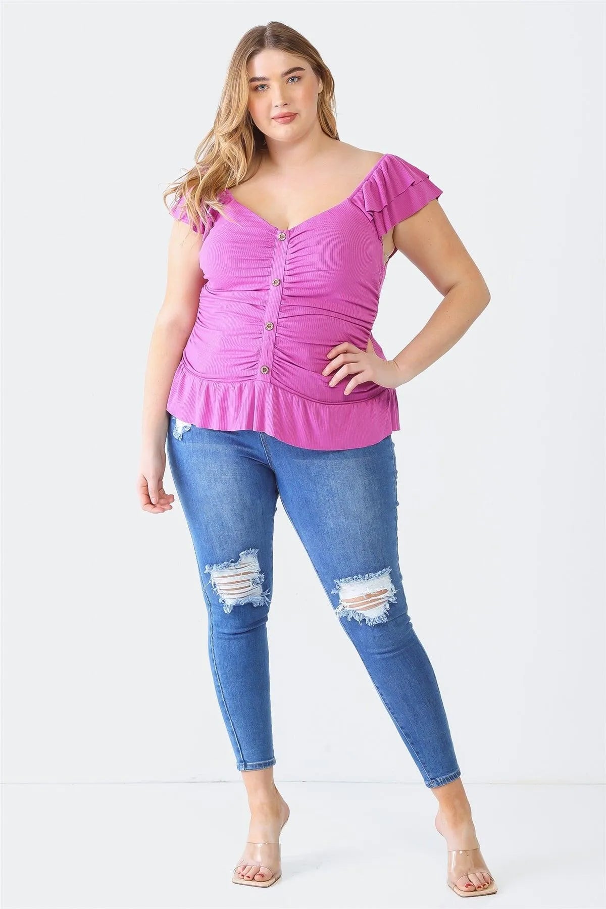 Junior Plus Lilac Ribbed Button-Up Ruffle Short Sleeve Top /1-1-2 - Tasha Apparel Wholesale
