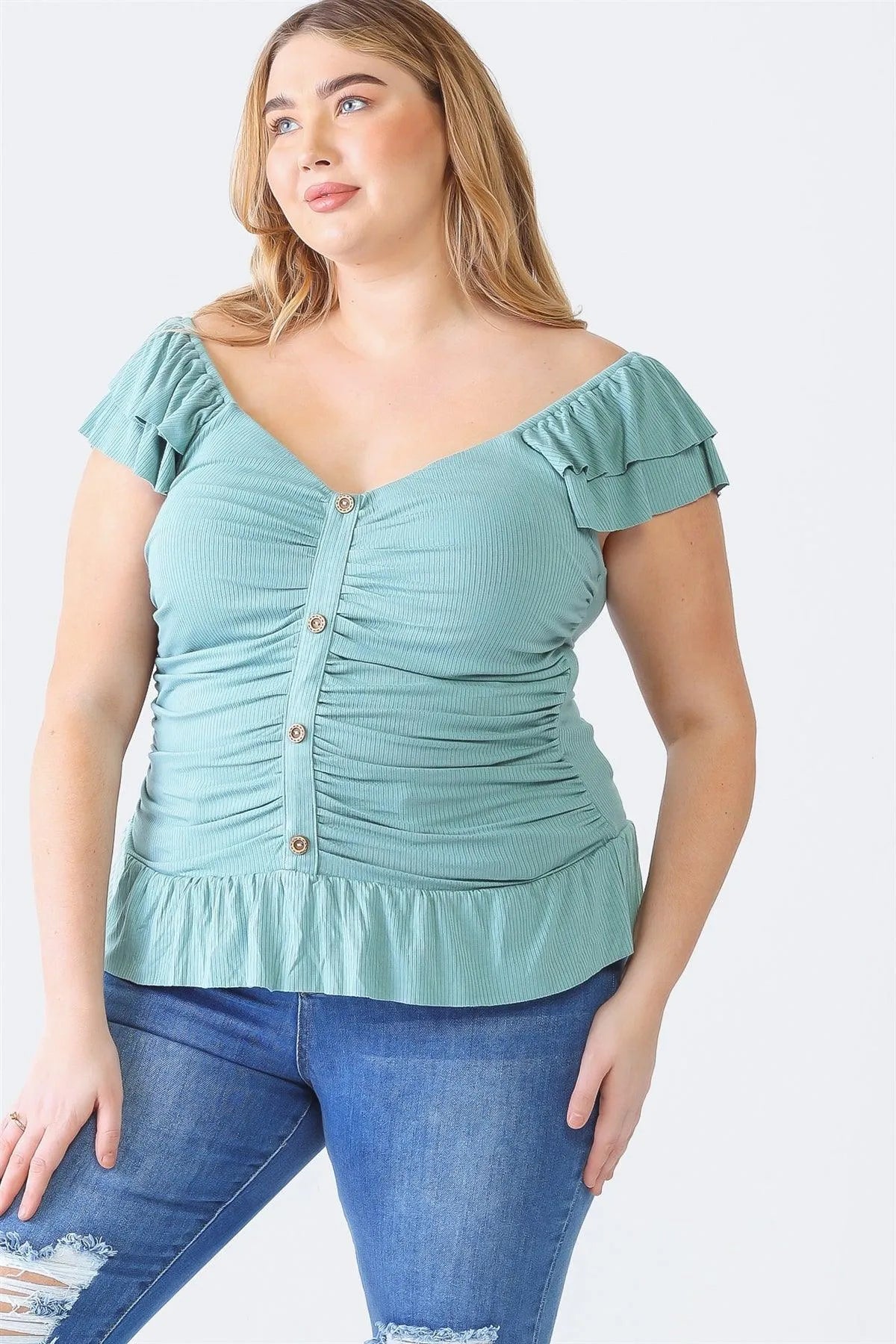 Plus Size Blue Ribbed Button-Up Ruffle Short Sleeve Top /1-1-1 - Tasha Apparel Wholesale