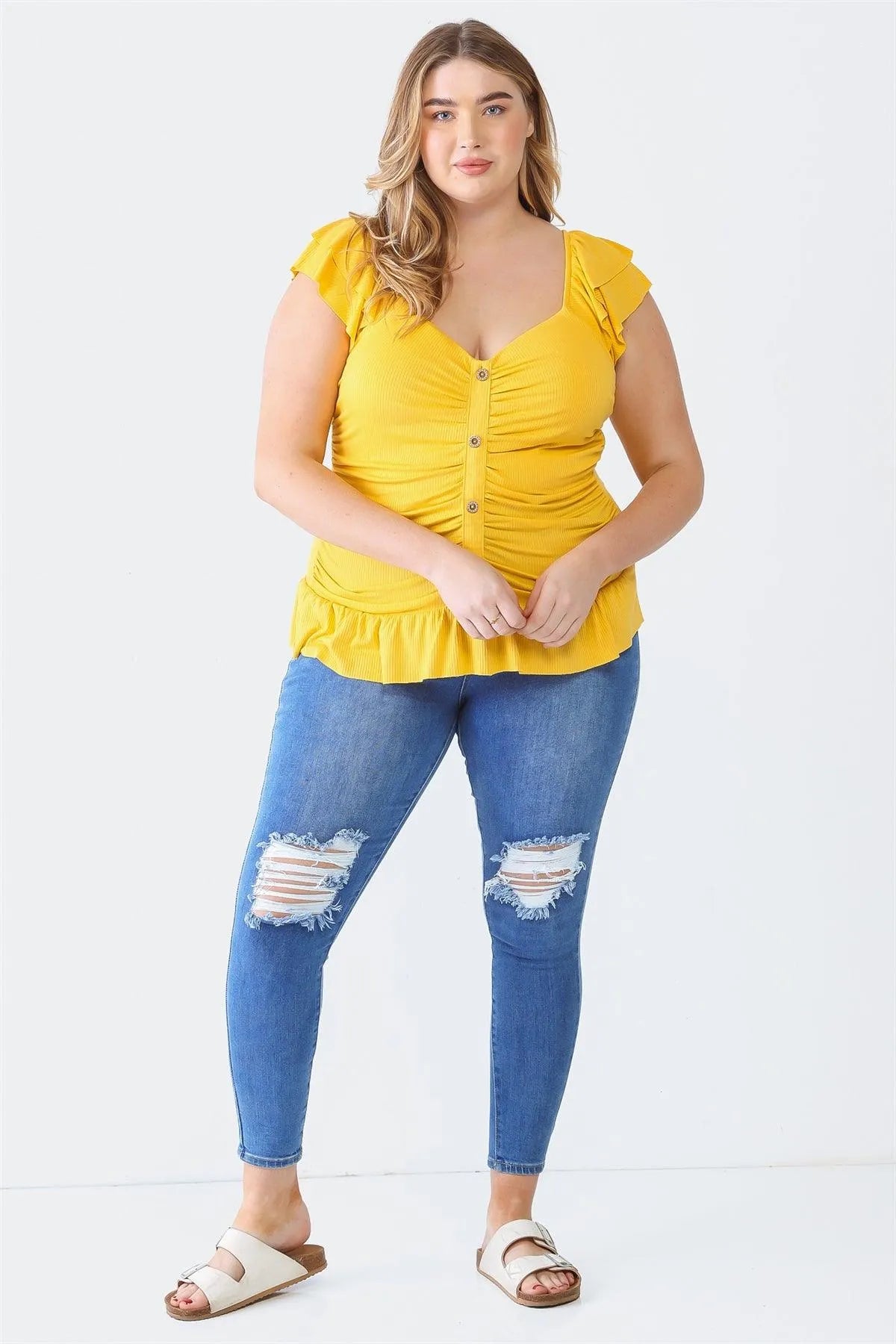 Junior Plus Yellow Ribbed Button-Up Ruffle Short Sleeve Top /1-1-1 - Tasha Apparel Wholesale