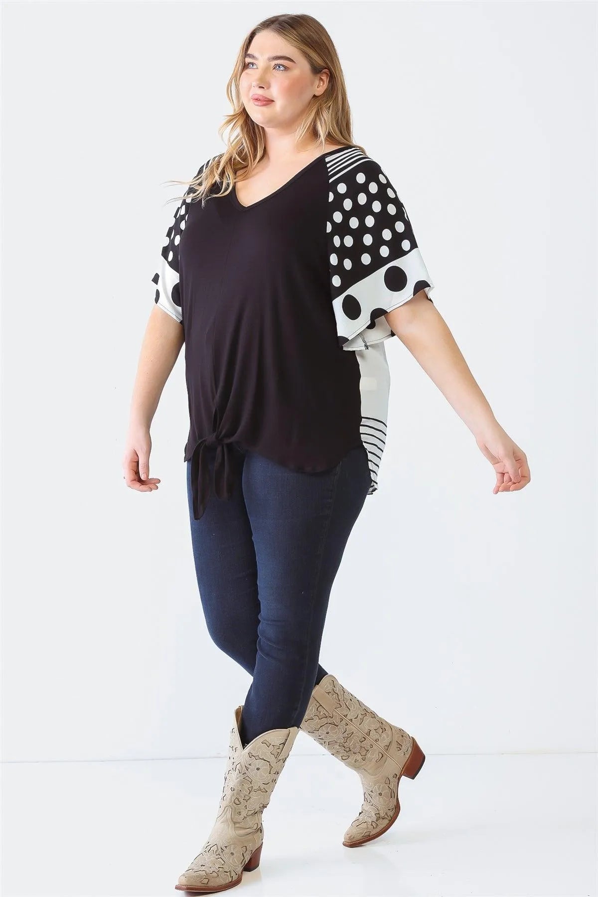 Junior Plus Black Line & Polka Dot Short Sleeve Self-Tie Hem Top /1-1-1 - Tasha Apparel Wholesale