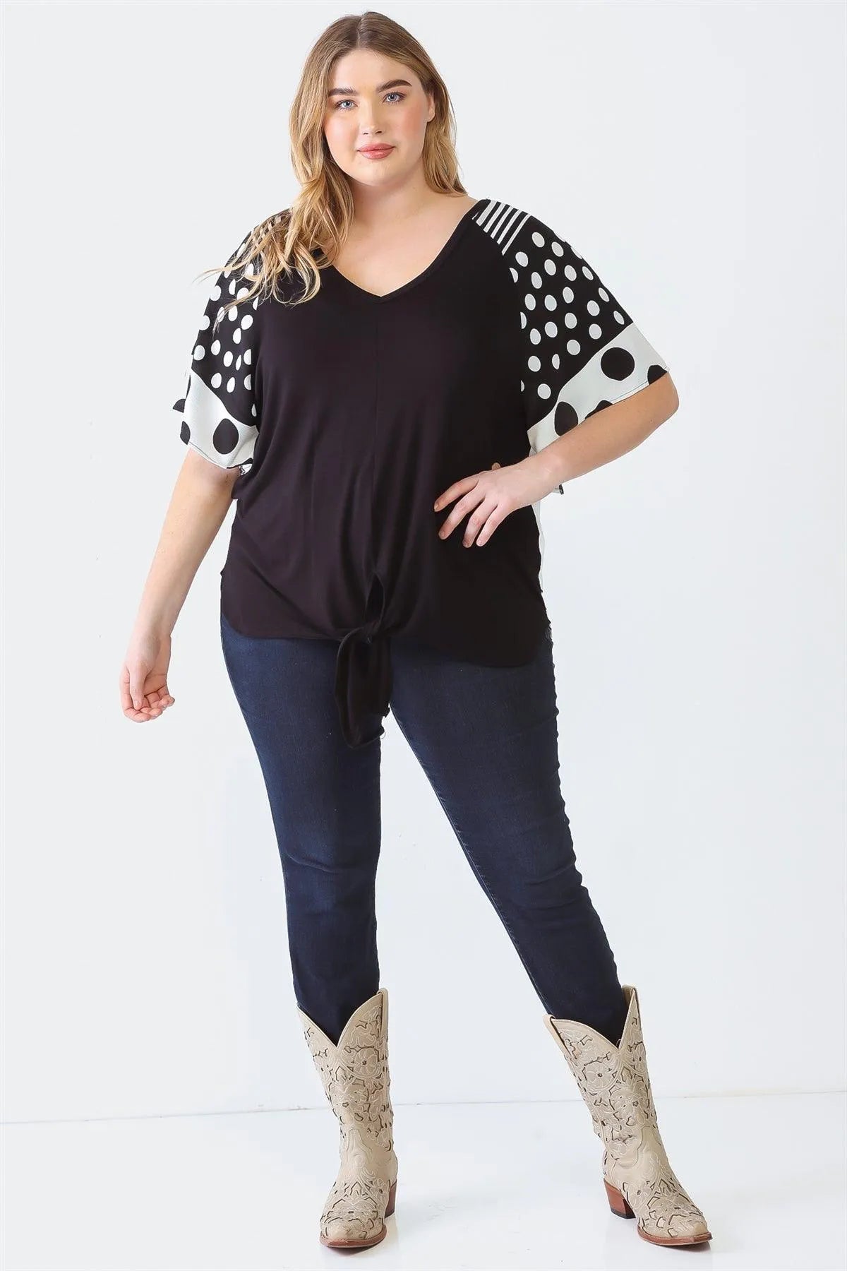 Junior Plus Black Line & Polka Dot Short Sleeve Self-Tie Hem Top /2-2-1 - Tasha Apparel Wholesale