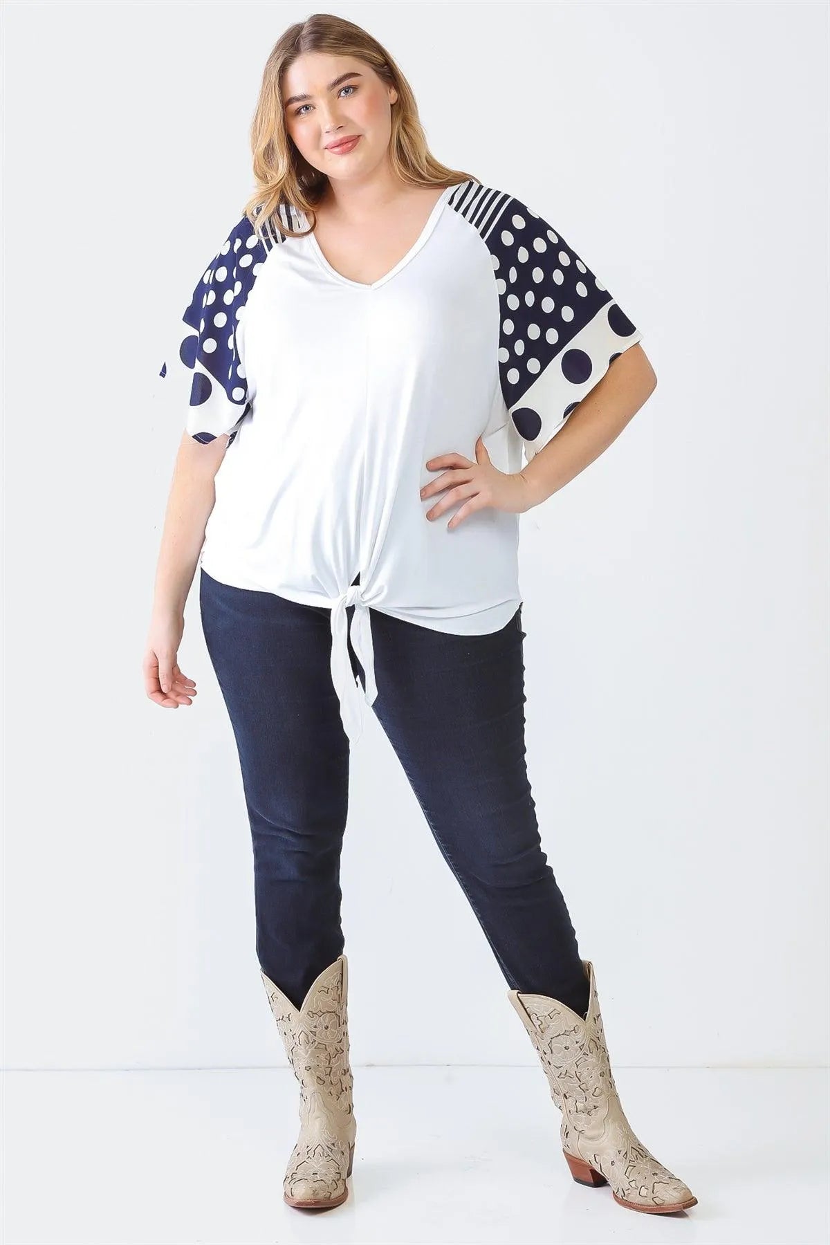 Junior Plus White Line & Polka Dot Short Sleeve Self-Tie Hem Top /2-1-2 - Tasha Apparel Wholesale