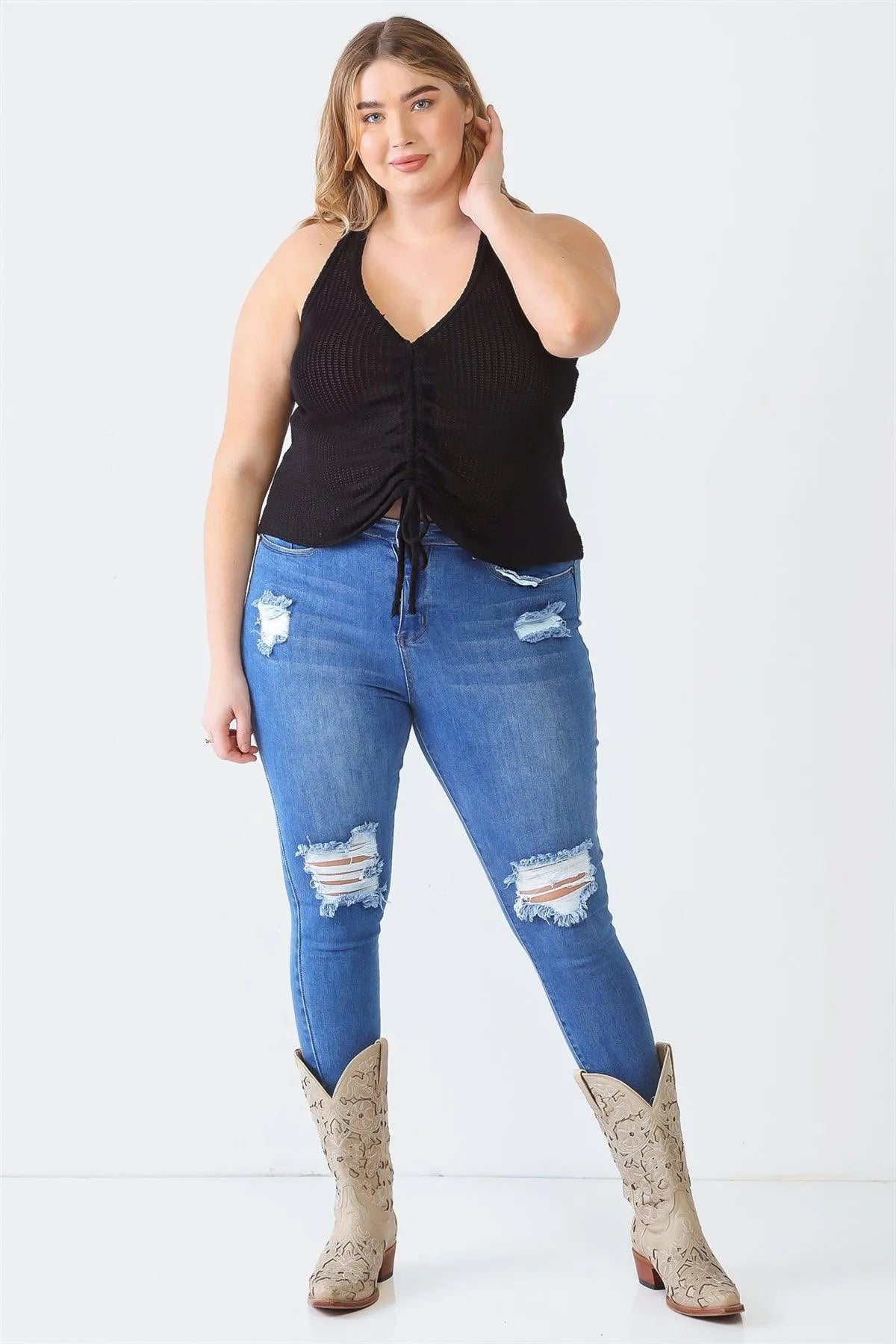 Junior Plus Black Knit Sleeveless Ruched Top /1-1-1 - Tasha Apparel Wholesale