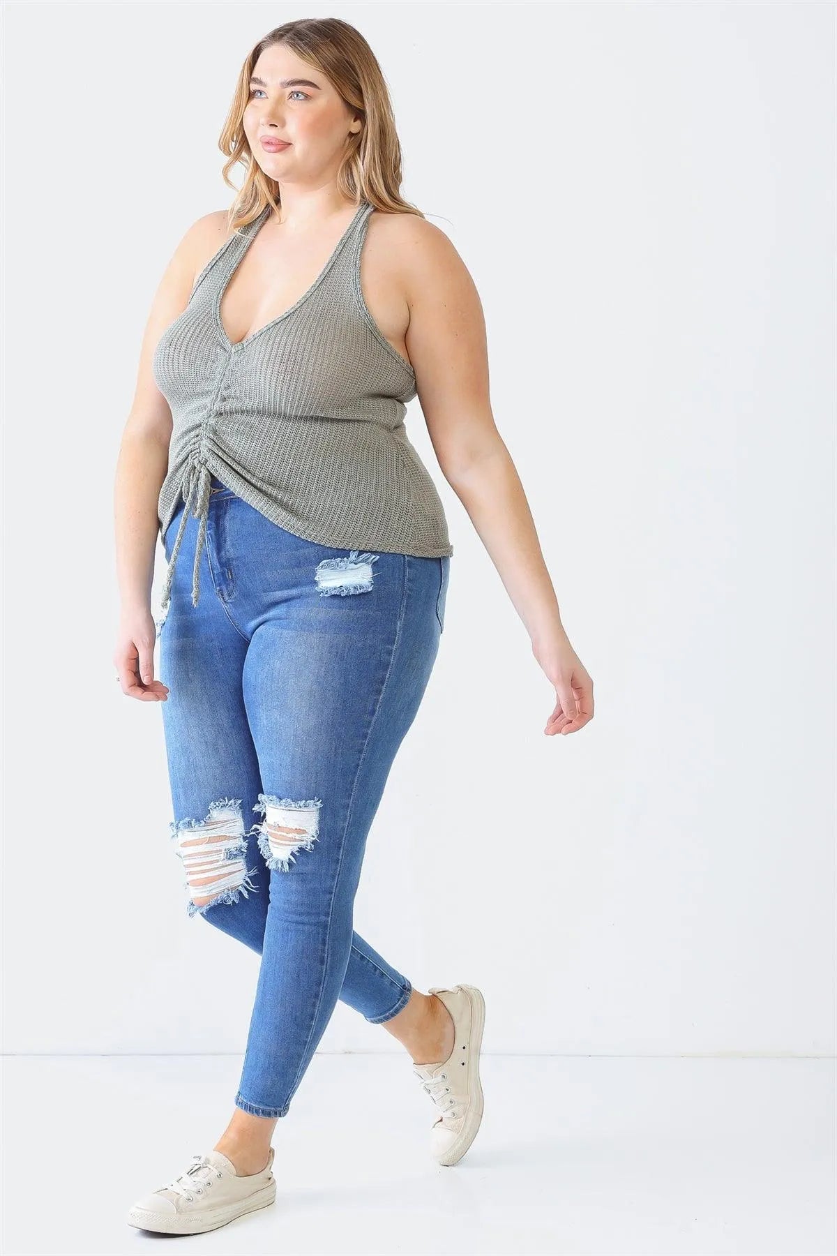 Junior Plus Olive Knit Sleeveless Ruched Top /1-1-1 - Tasha Apparel Wholesale