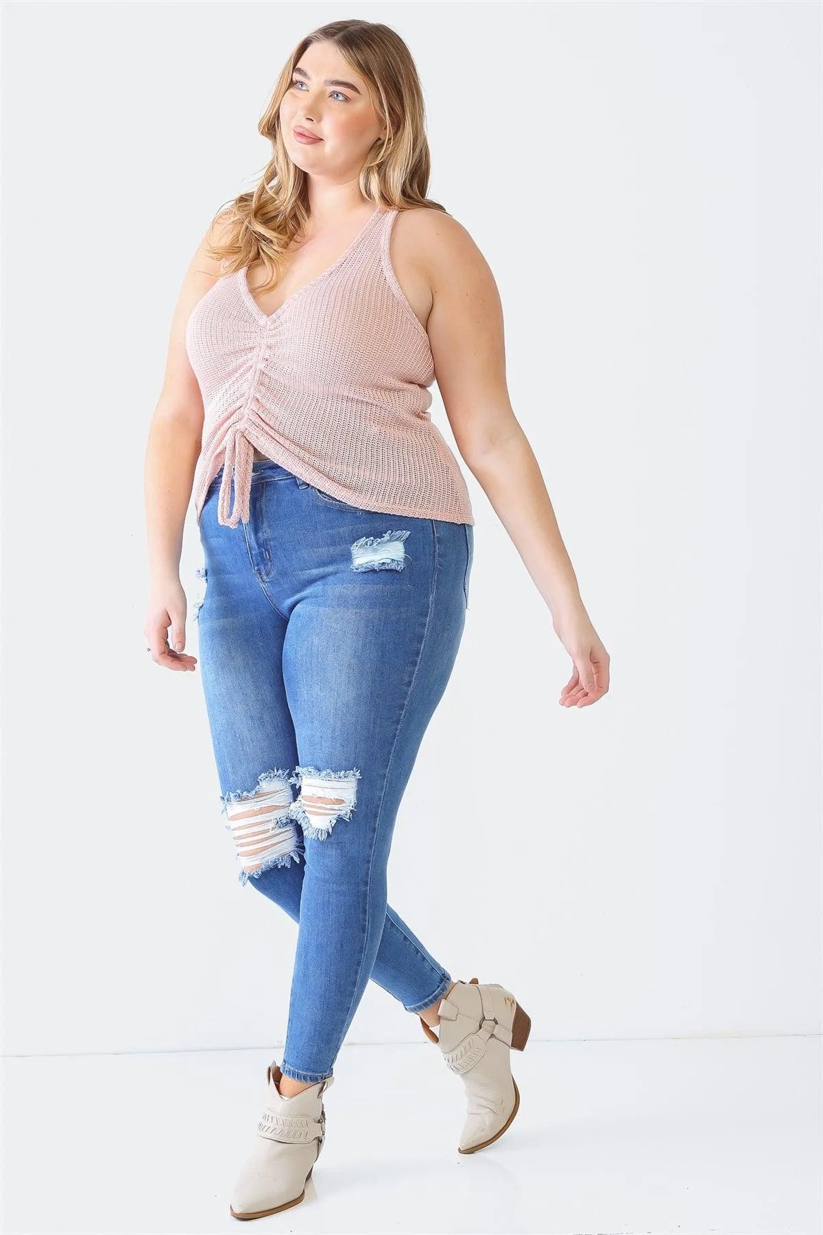 Junior Plus Rose Knit Sleeveless Ruched Top /1-1-1 - Tasha Apparel Wholesale