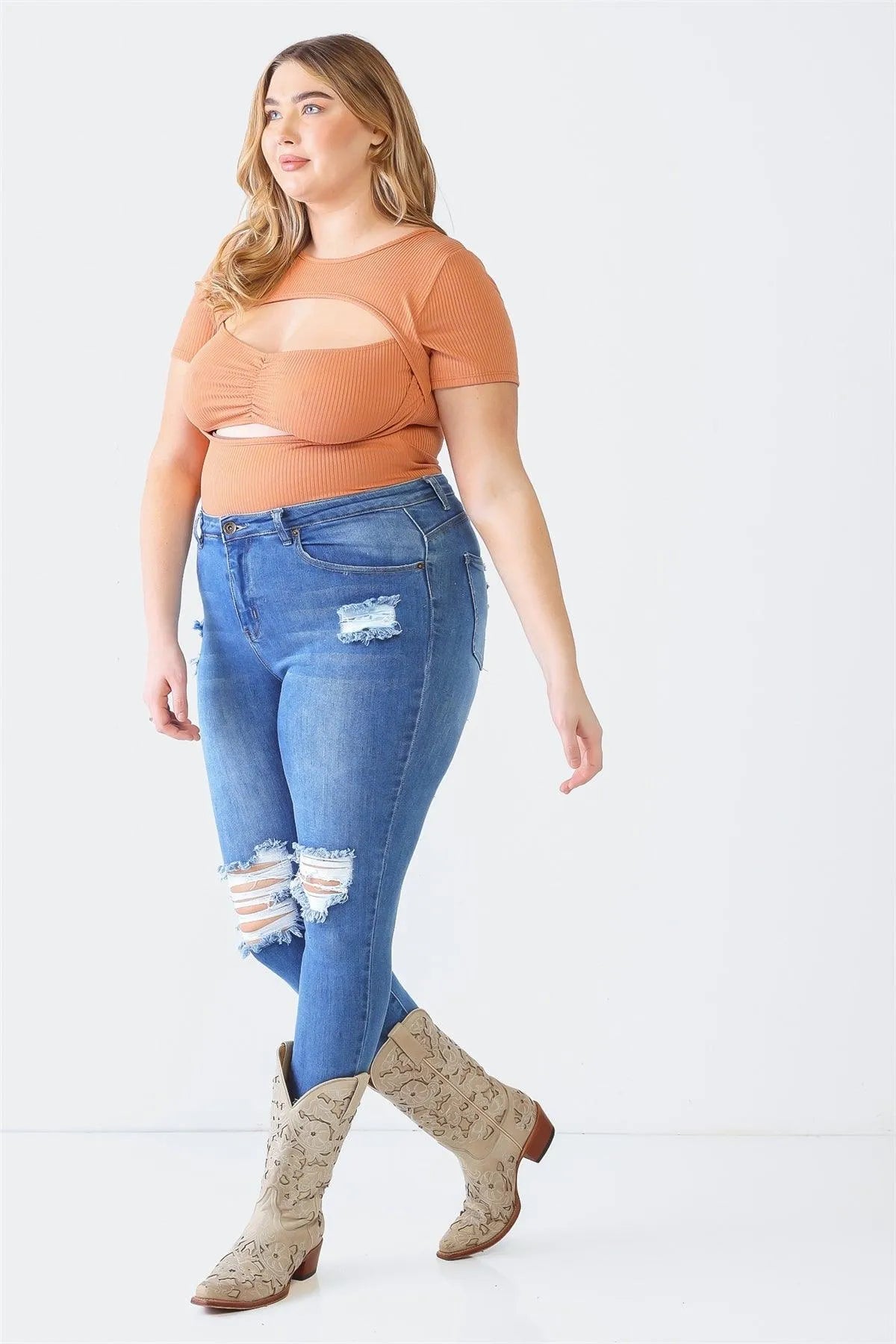 Junior Plus Rust Ribbed Short Sleeve Ruched Bustier Cut-Out Bodysuit /1-1-1 - Tasha Apparel Wholesale