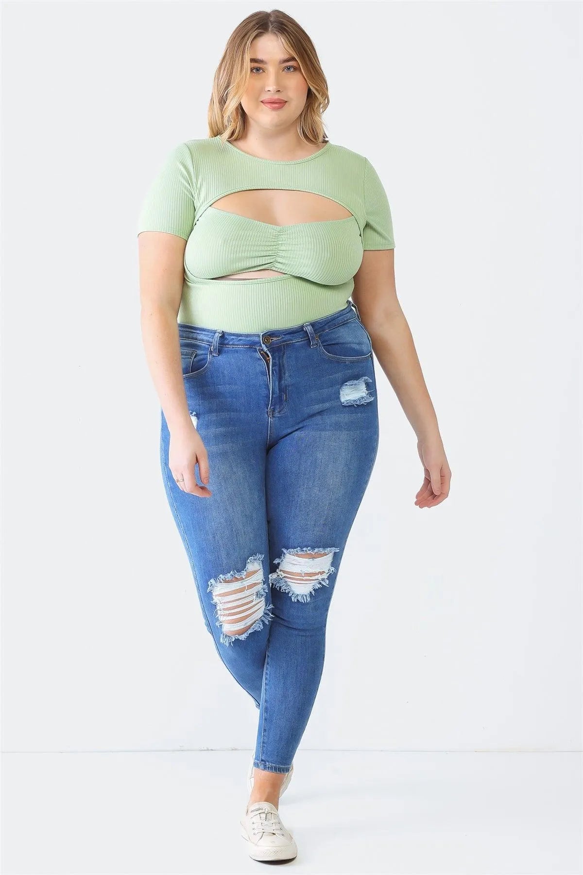 Junior Plus Sage Ribbed Short Sleeve Ruched Bustier Cut-Out Bodysuit /1-1-1 - Tasha Apparel Wholesale