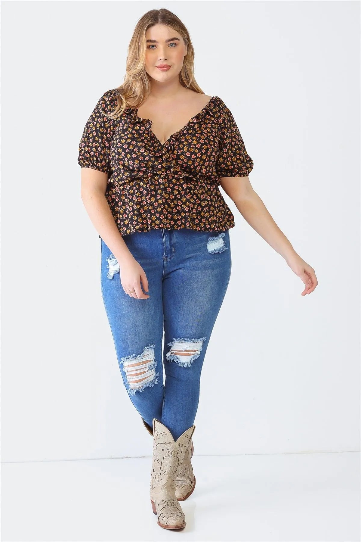 Junior Plus Black Floral Print Wrap Neck Short Sleeve Flare Hem Top /1-1-1 - Tasha Apparel Wholesale