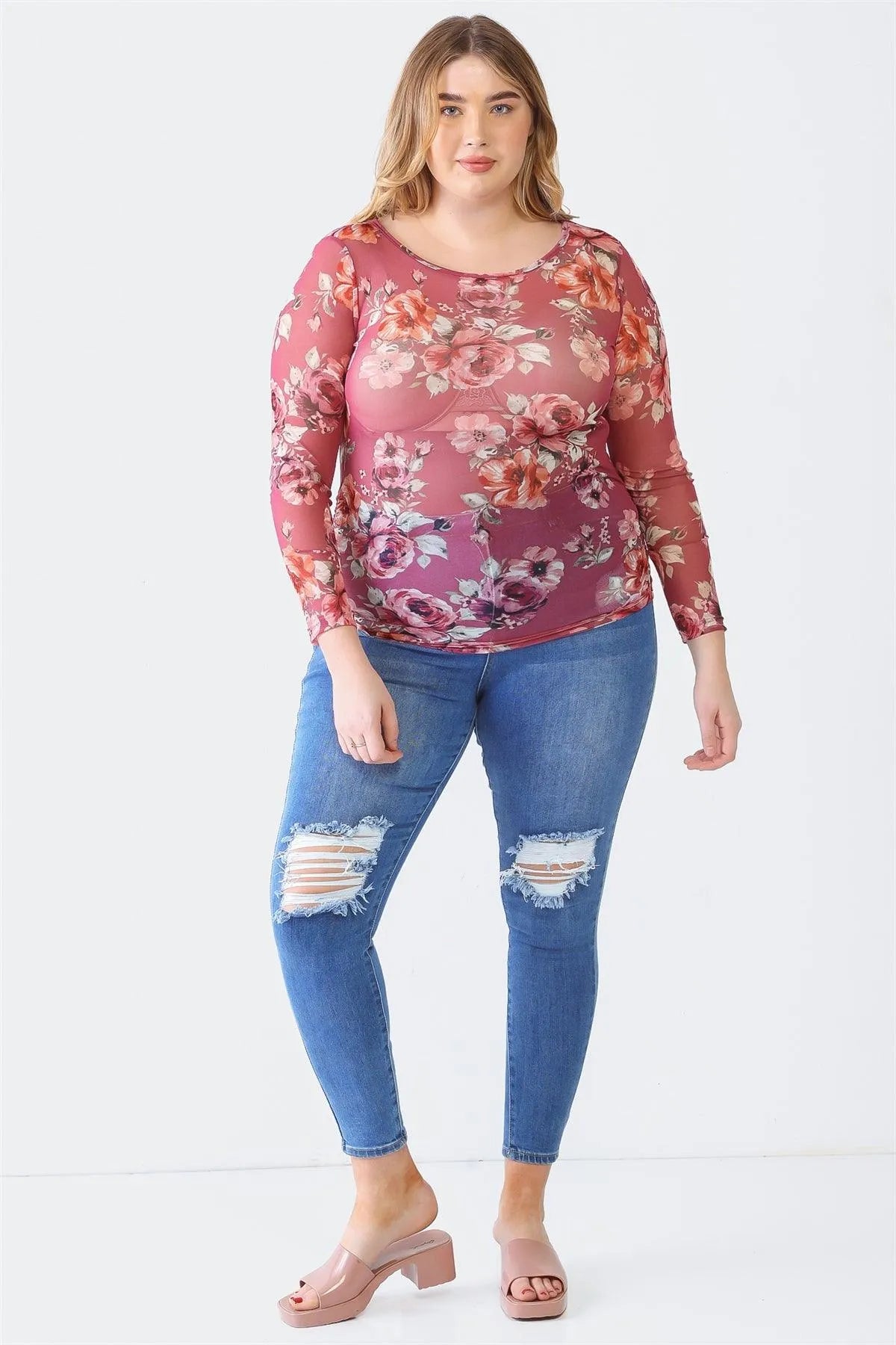 Plus Size Mauve Flower Mesh Sheer Long Sleeve Top - Tasha Apparel Wholesale