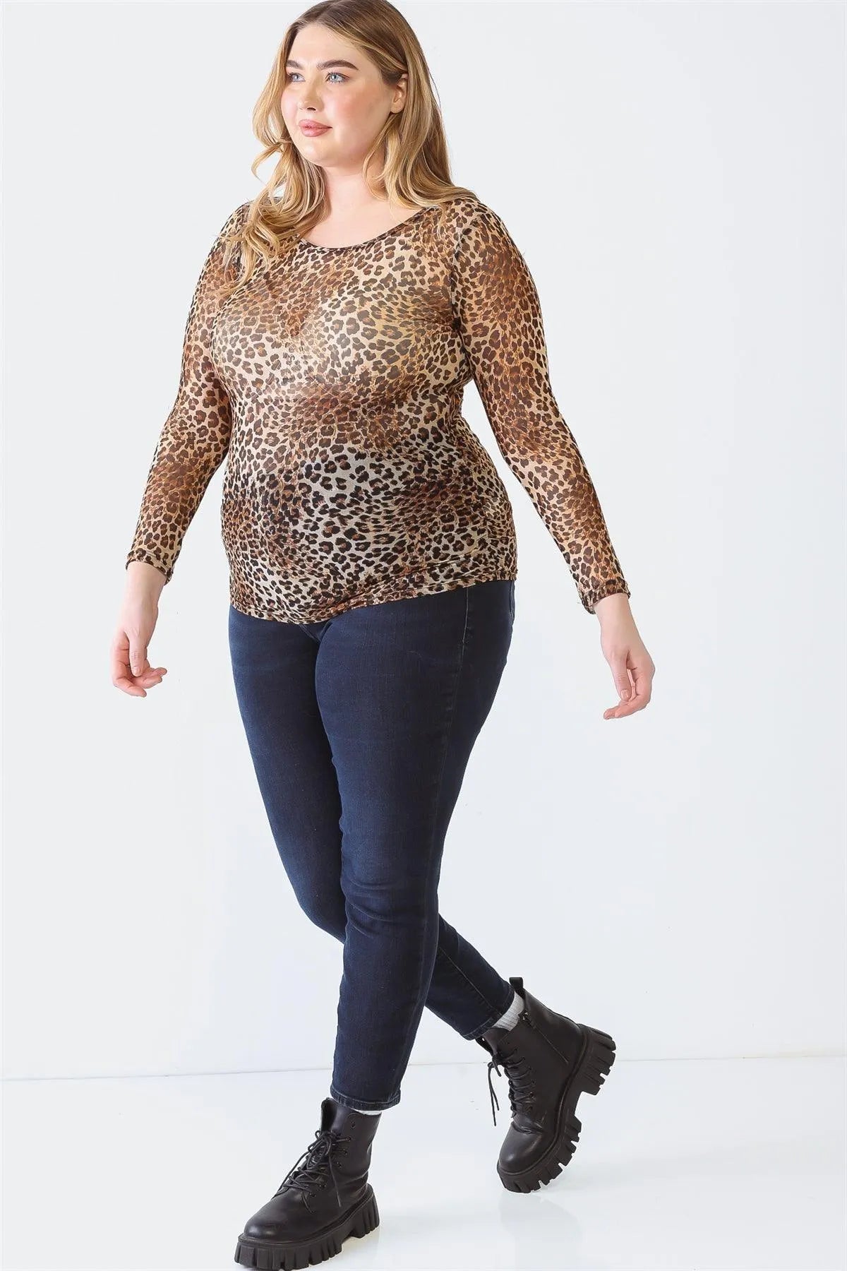 Plus Size Leopard Print Mesh Crew Neck Top /1-1-1 - Tasha Apparel Wholesale