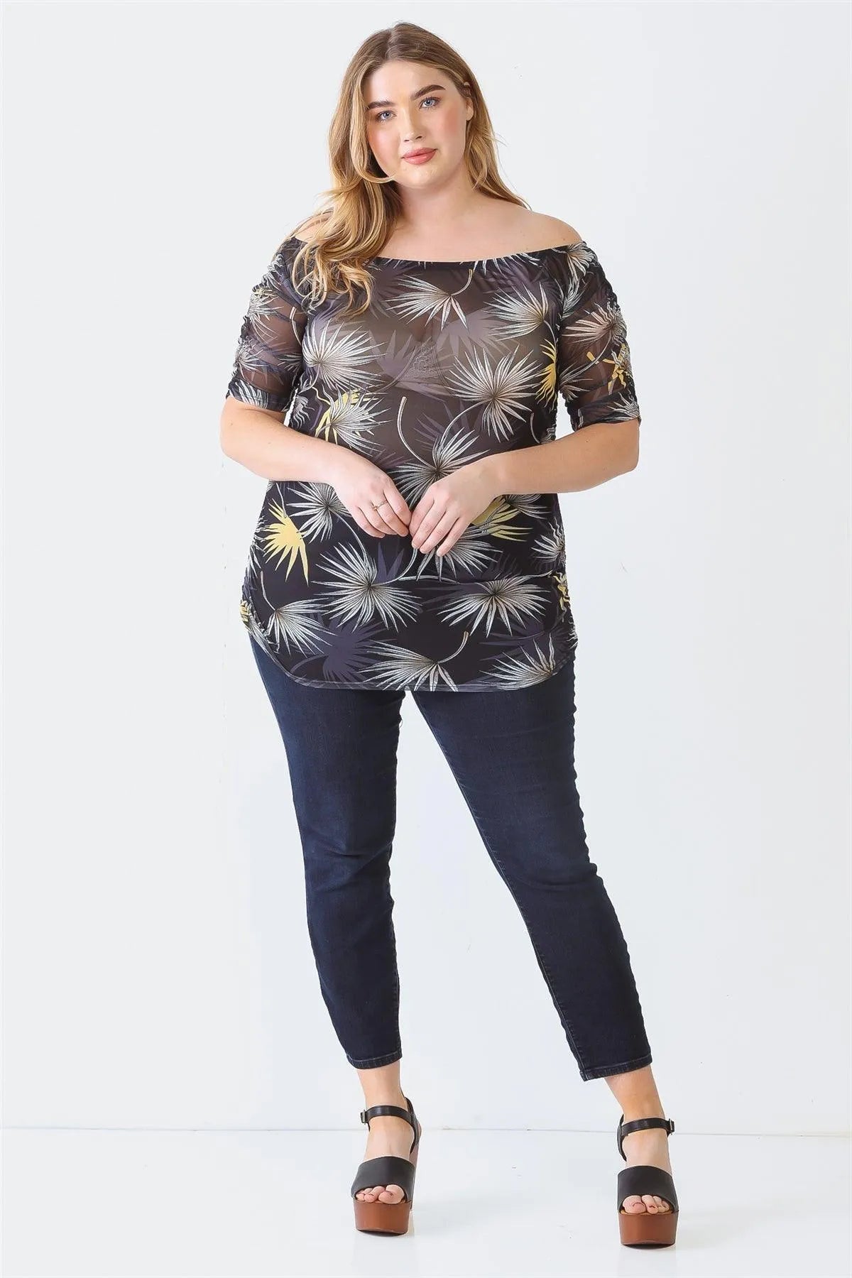 Junior Plus Black Palm Leaves Print Sheer Mesh Ruched Off-The-Shoulder Top /1-1-1 - Tasha Apparel Wholesale