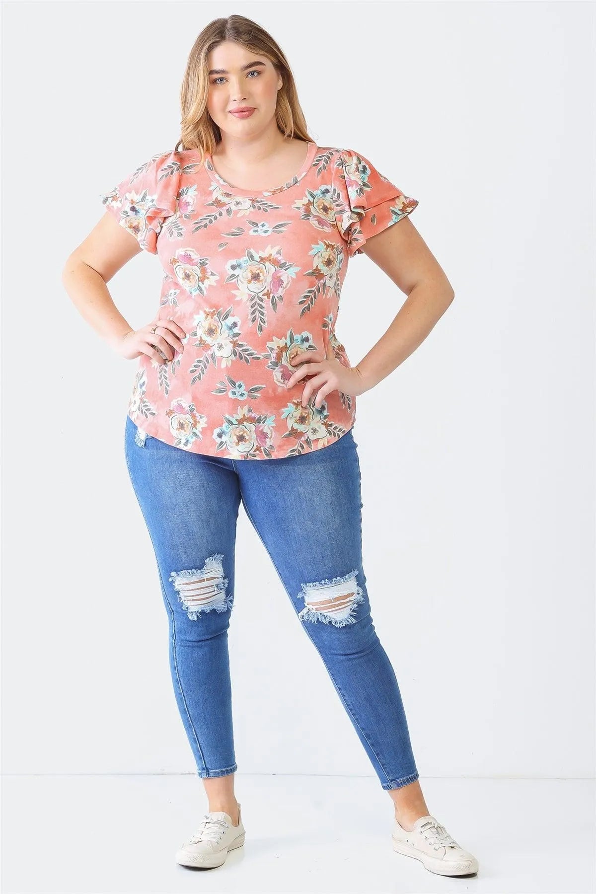Junior Plus Coral Floral Print Crew Neck Ruffle Short Sleeve Top /1-1-1 - Tasha Apparel Wholesale