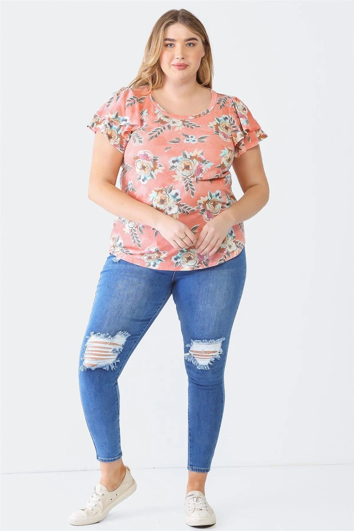 Junior Plus Coral Floral Print Crew Neck Ruffle Short Sleeve Top /1-2-2 - Tasha Apparel Wholesale