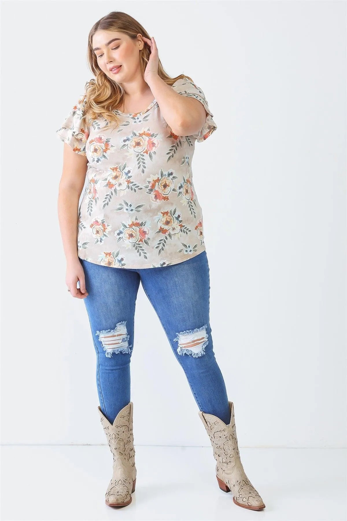 Junior Plus Taupe Floral Print Crew Neck Ruffle Short Sleeve Top /1-1-1 - Tasha Apparel Wholesale