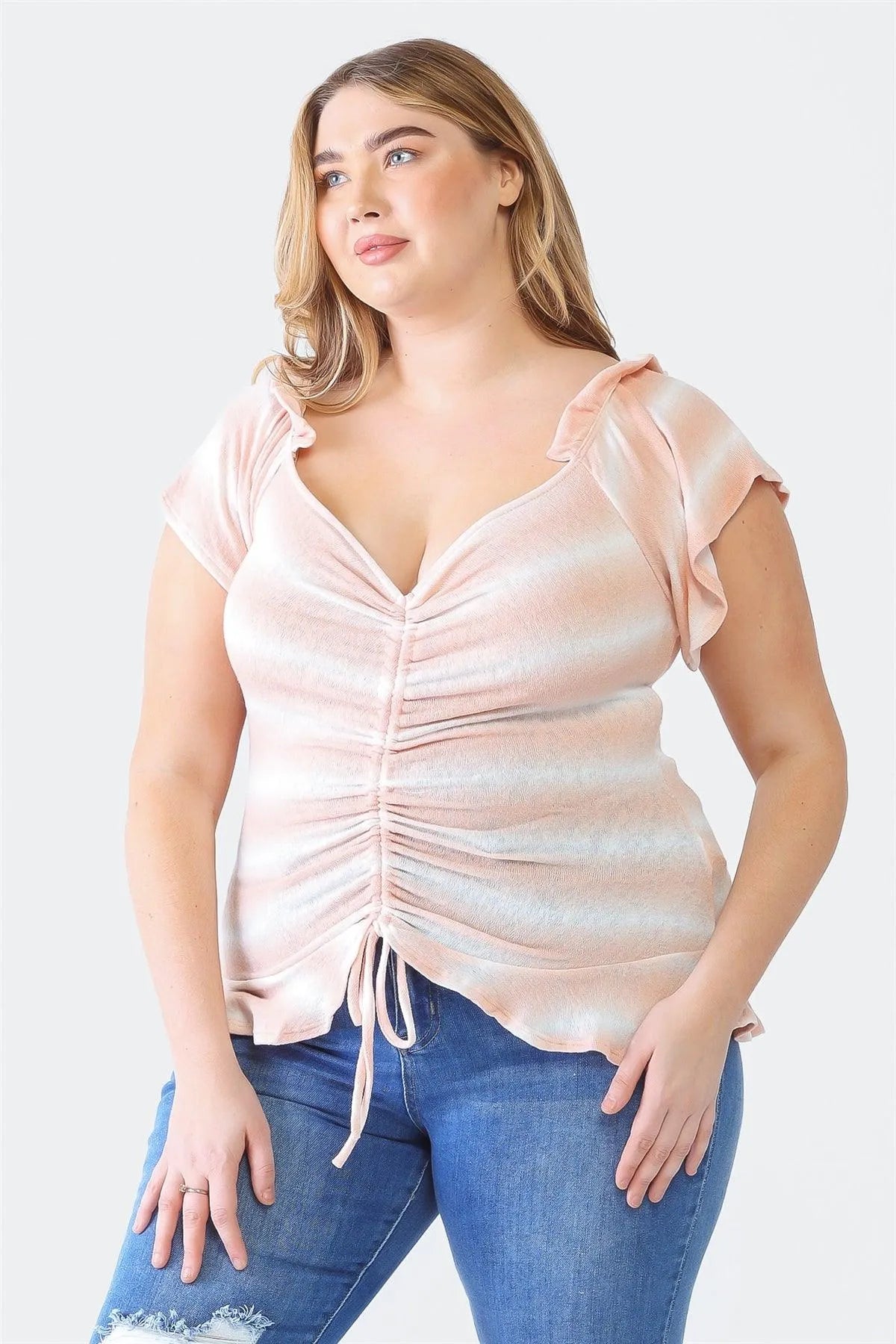 Plus Size Striped Peach Ruffle Ruched Short Sleeve Top - Tasha Apparel Wholesale