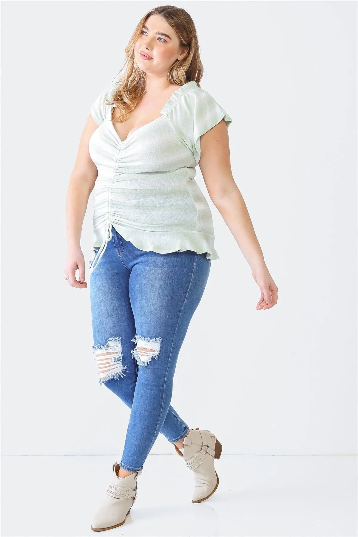 Plus Size Striped Sage Ruffle Ruched Short Sleeve Top - Tasha Apparel Wholesale