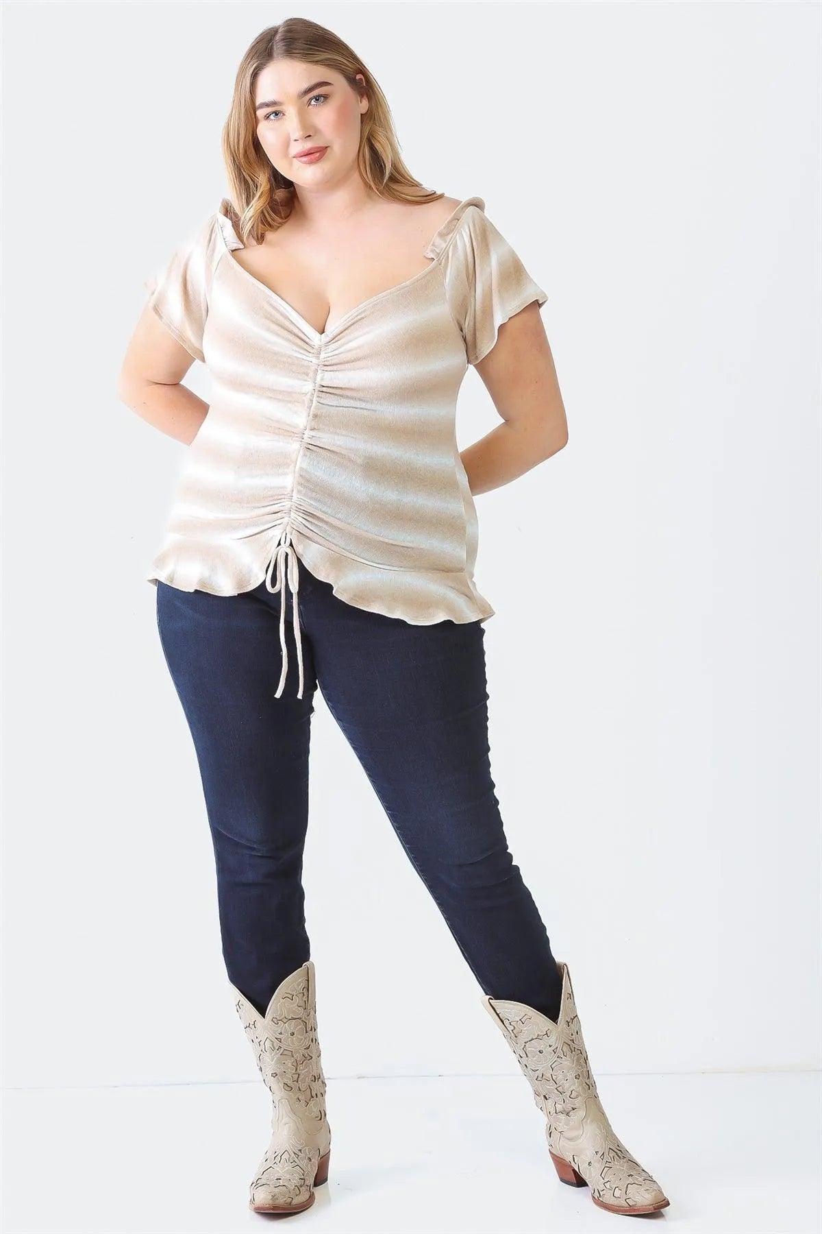 Plus Size Striped Taupe Ruffle Ruched Short Sleeve Top - Tasha Apparel Wholesale