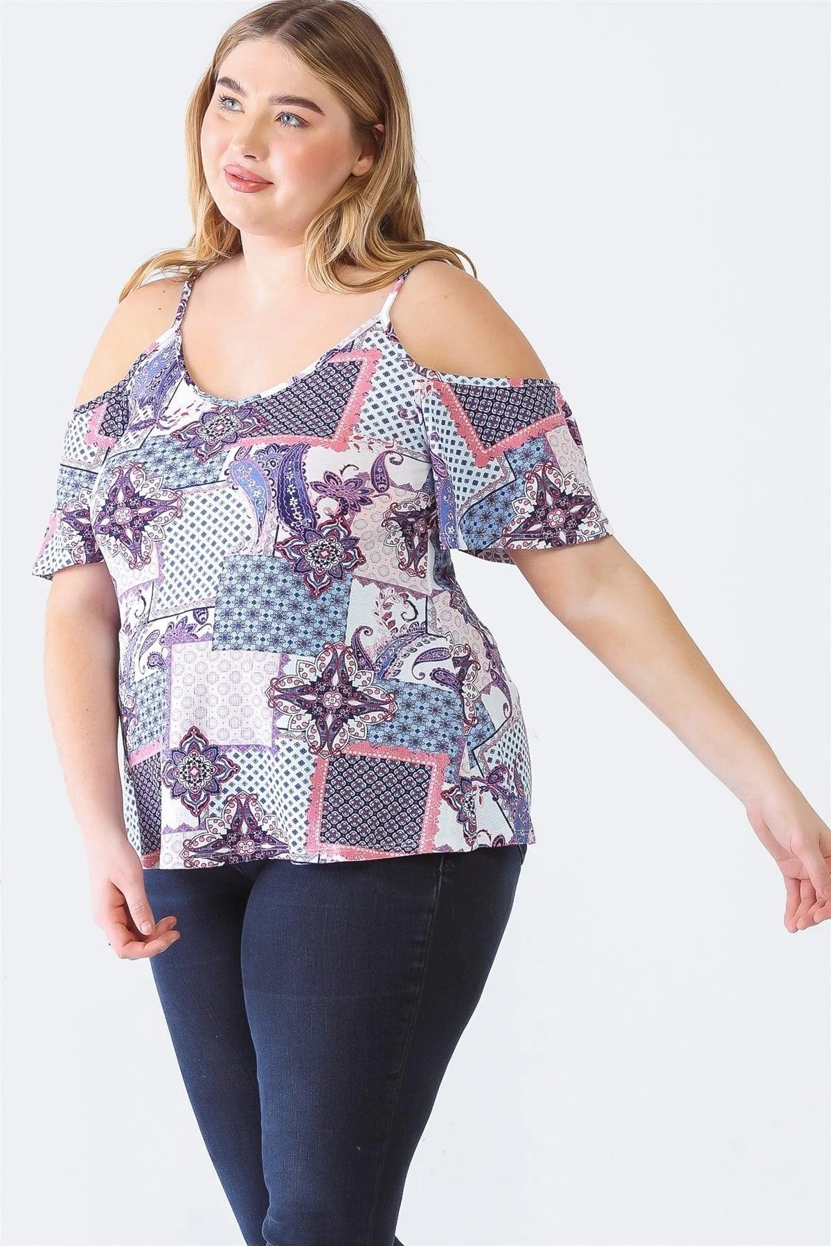 Junior Plus Blue Paisley Print Off-The-Shoulder Short Sleeve Strappy Top /1-1-1 - Tasha Apparel Wholesale