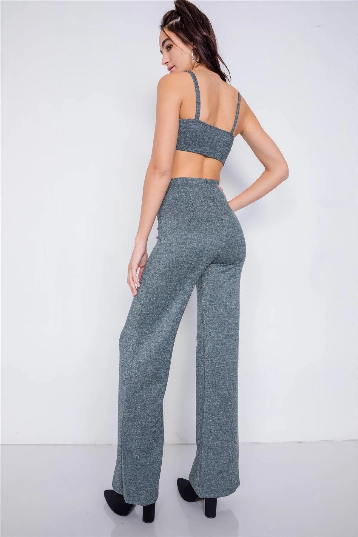 Glitter Teal Triangle Crop Top & Maxi Wide Leg Pant Set /3-2-1 - Tasha Apparel Wholesale