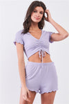 Lavender Ribbed Drawstring Ruched Front V-Neck Short Sleeve Frill Trim Cropped Top & High-Waisted Shorts Set