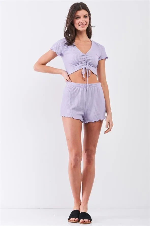 Lavender Ribbed Drawstring Ruched Front V-Neck Short Sleeve Frill Trim Cropped Top & High-Waisted Shorts Set - Tasha Apparel Wholesale