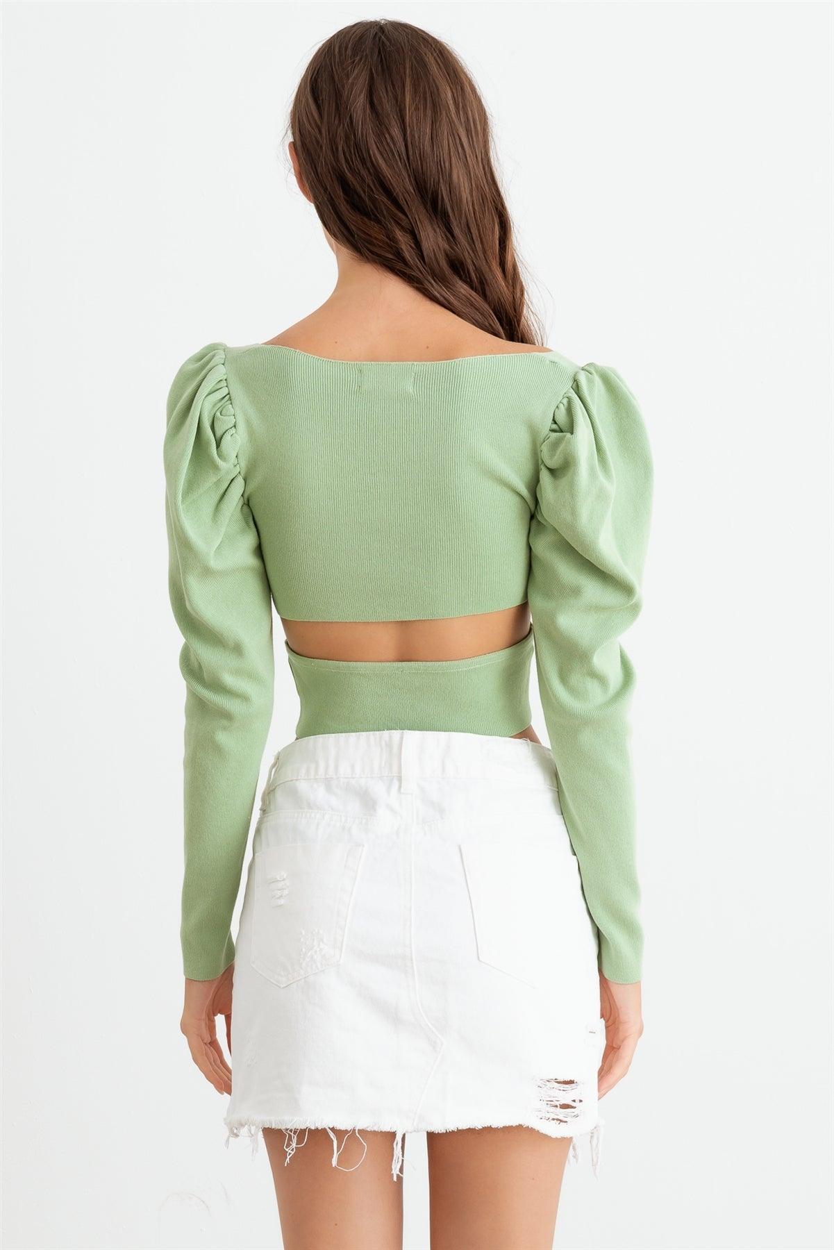 Sage Ruched Puff Long Sleeve Cut-Out Crop Top /1-2-2