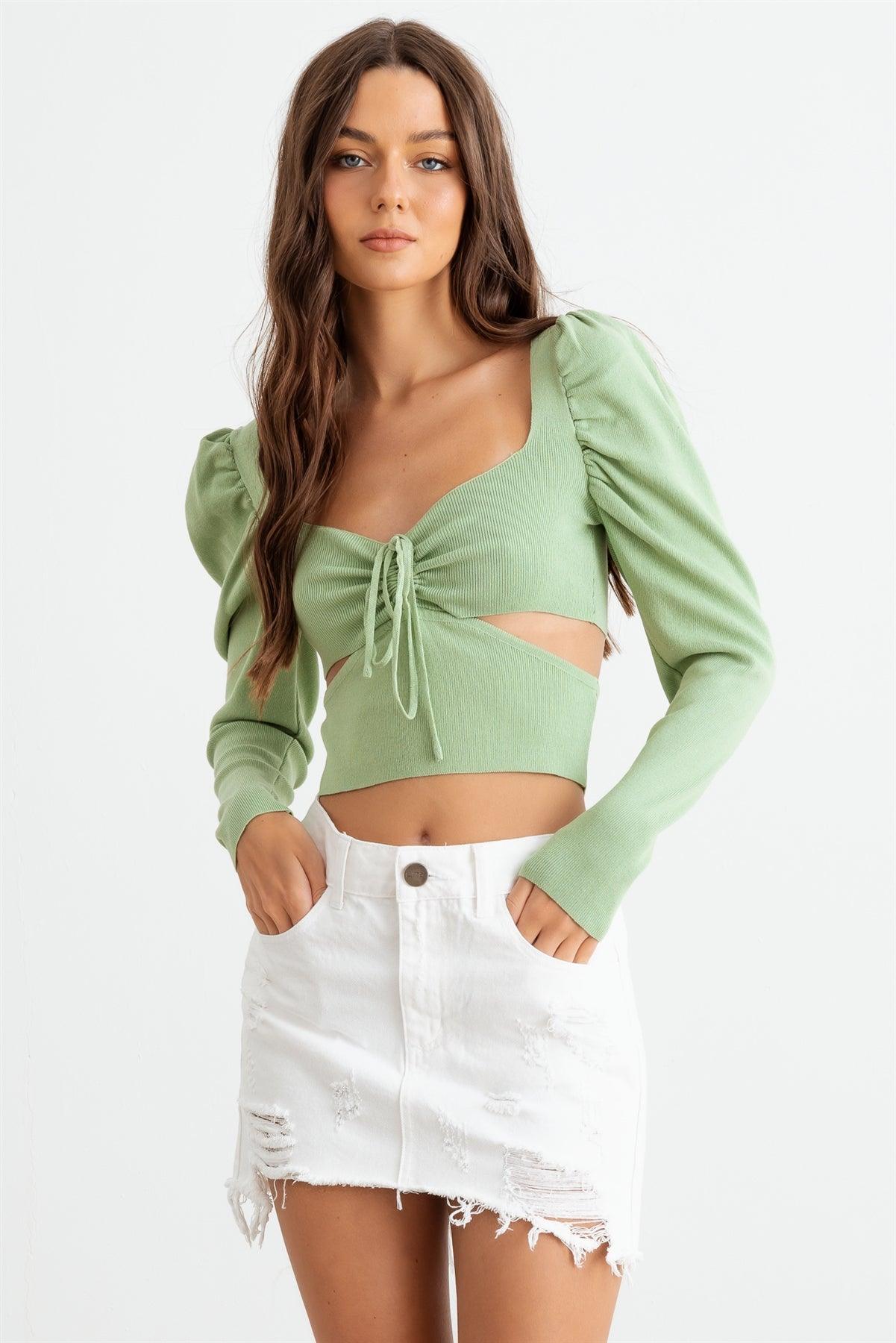 Sage Ruched Puff Long Sleeve Cut-Out Crop Top /1-2-2