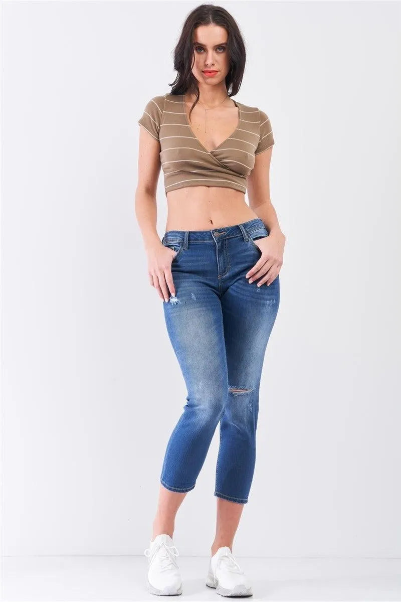 Mocha & Ivory Striped V-Neck Wrap Front Crop Top - Tasha Apparel Wholesale