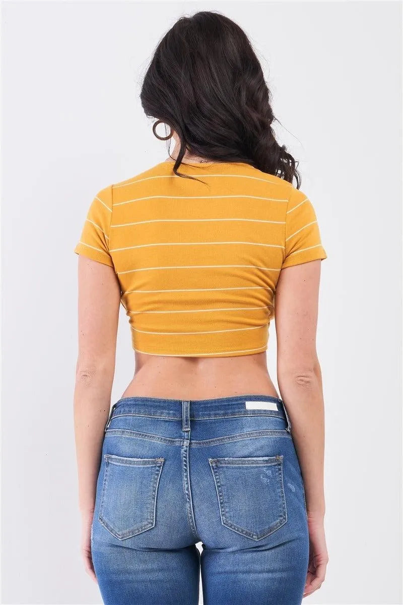 Mustard & Ivory Striped V-Neck Wrap Front Crop Top - Tasha Apparel Wholesale