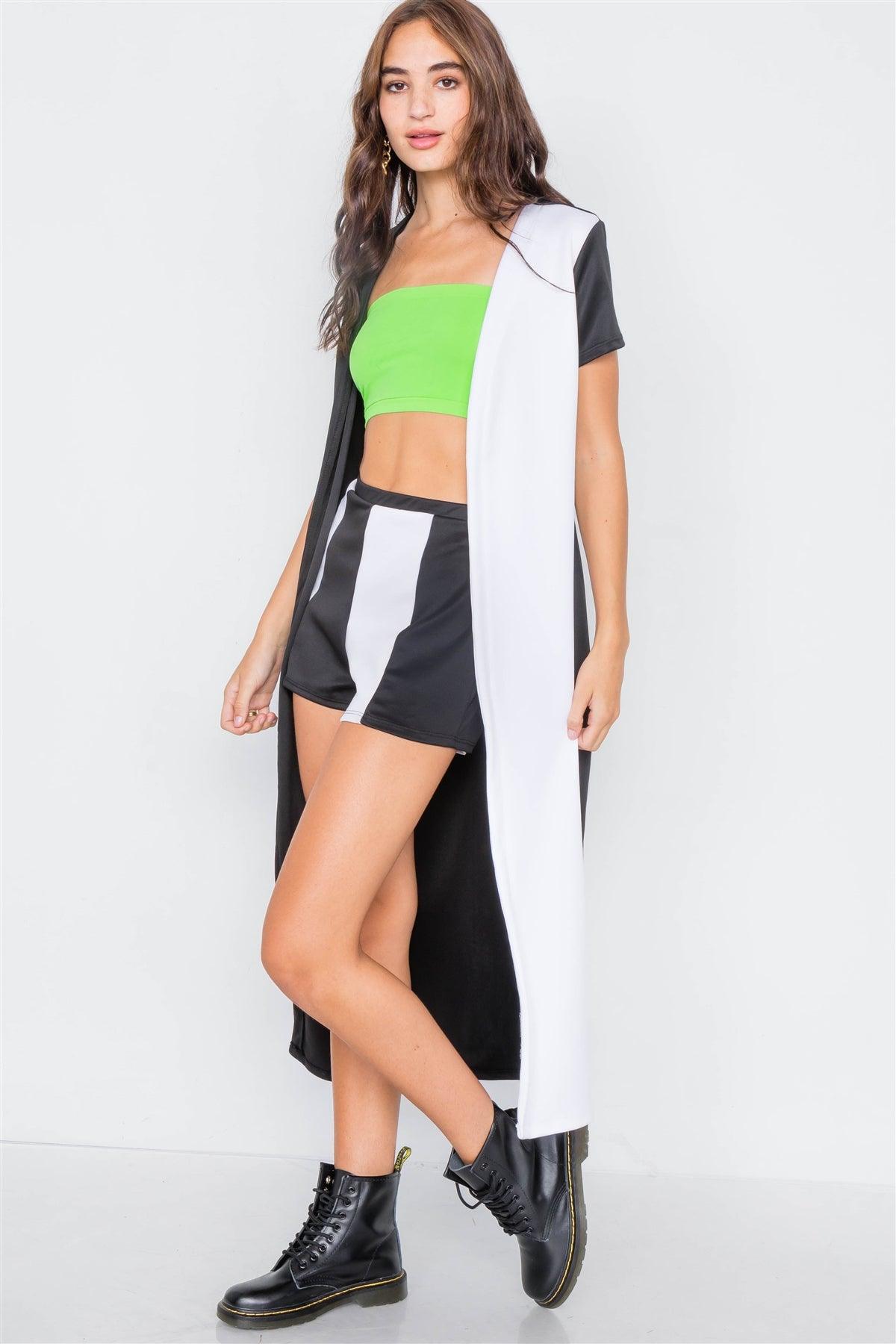 Black & White Color Block Shorts & Trench Coat Set